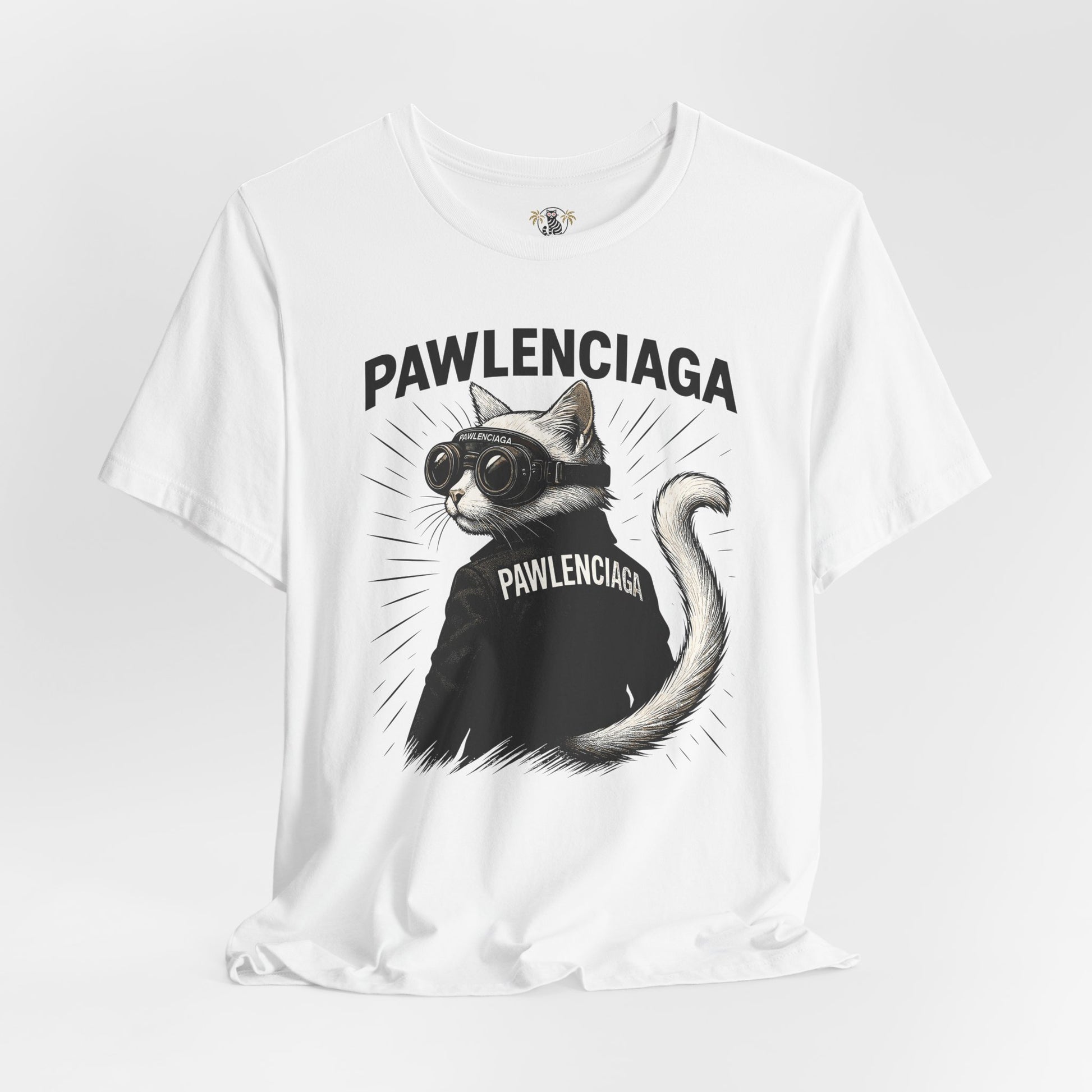 Pawlenciaga Cat With Goggles front view cat graphic t shirt, white, cat t shirts for men