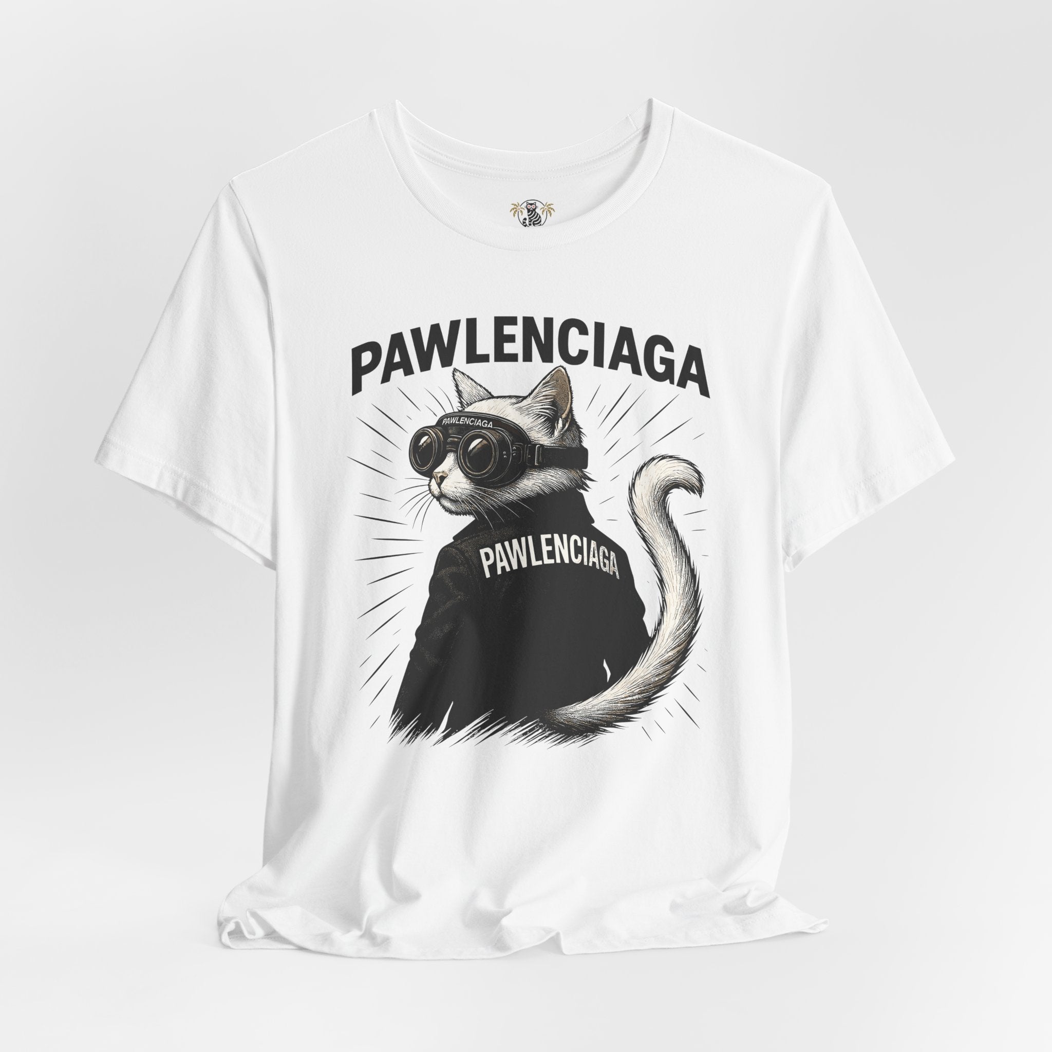 Pawlenciaga Cat With Goggles front view cat graphic t shirt, white, cat t shirts for men