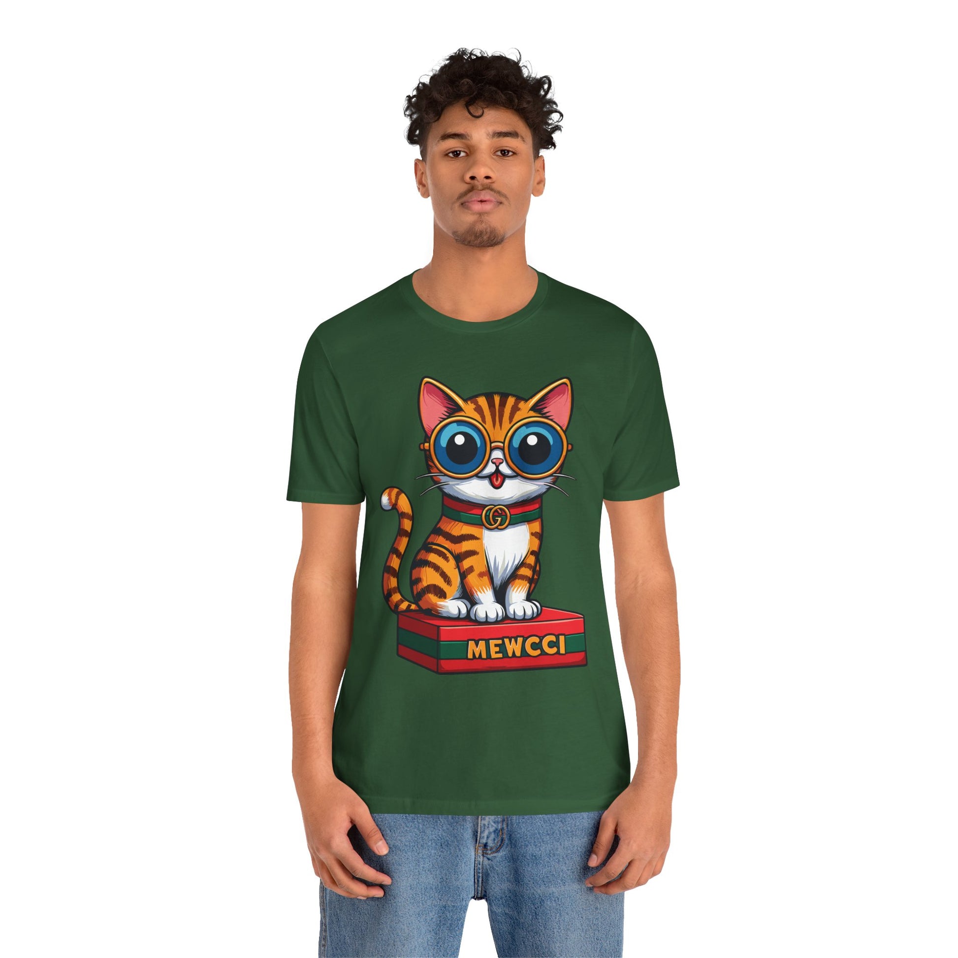 Funny gifts for cat lovers – Evergreen Mewcci Iconic Box Cat Graphic T-Shirt worn by male model
