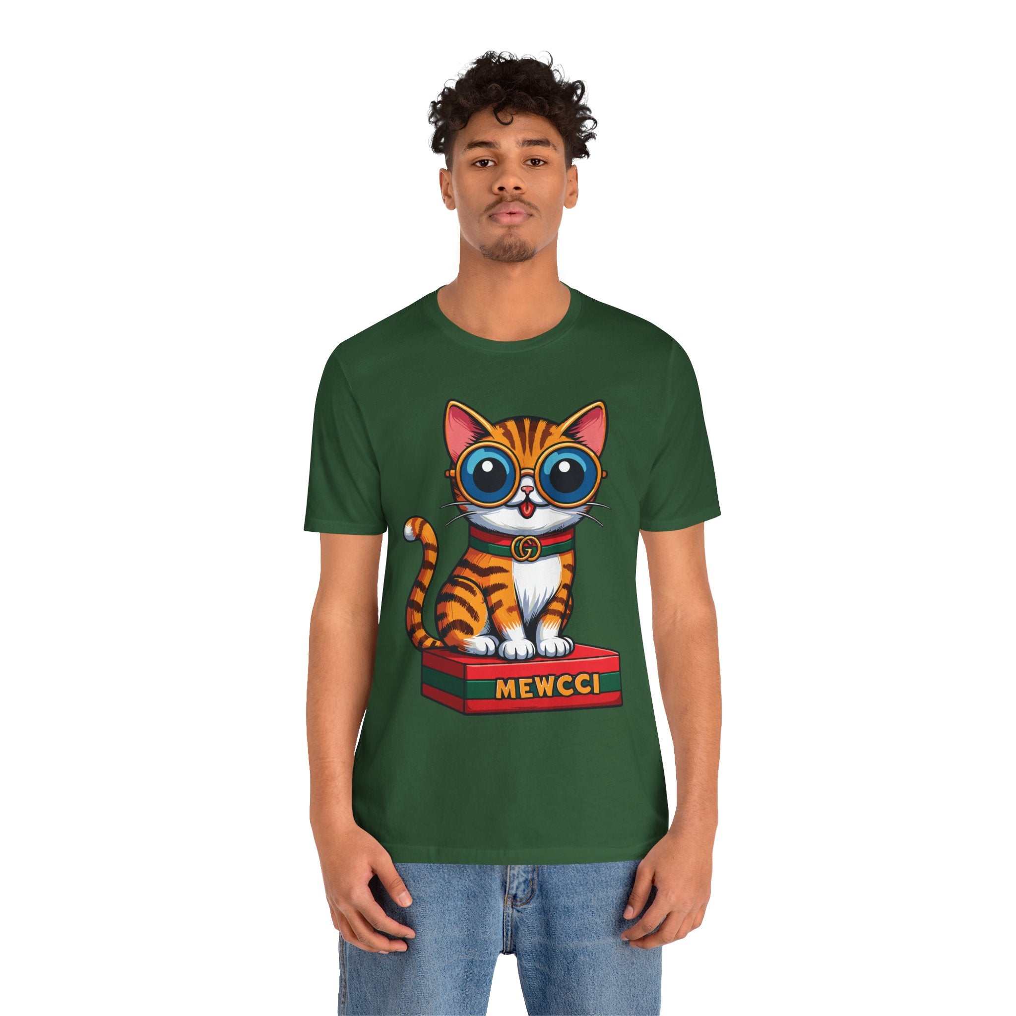 Funny gifts for cat lovers – Evergreen Mewcci Iconic Box Cat Graphic T-Shirt worn by male model