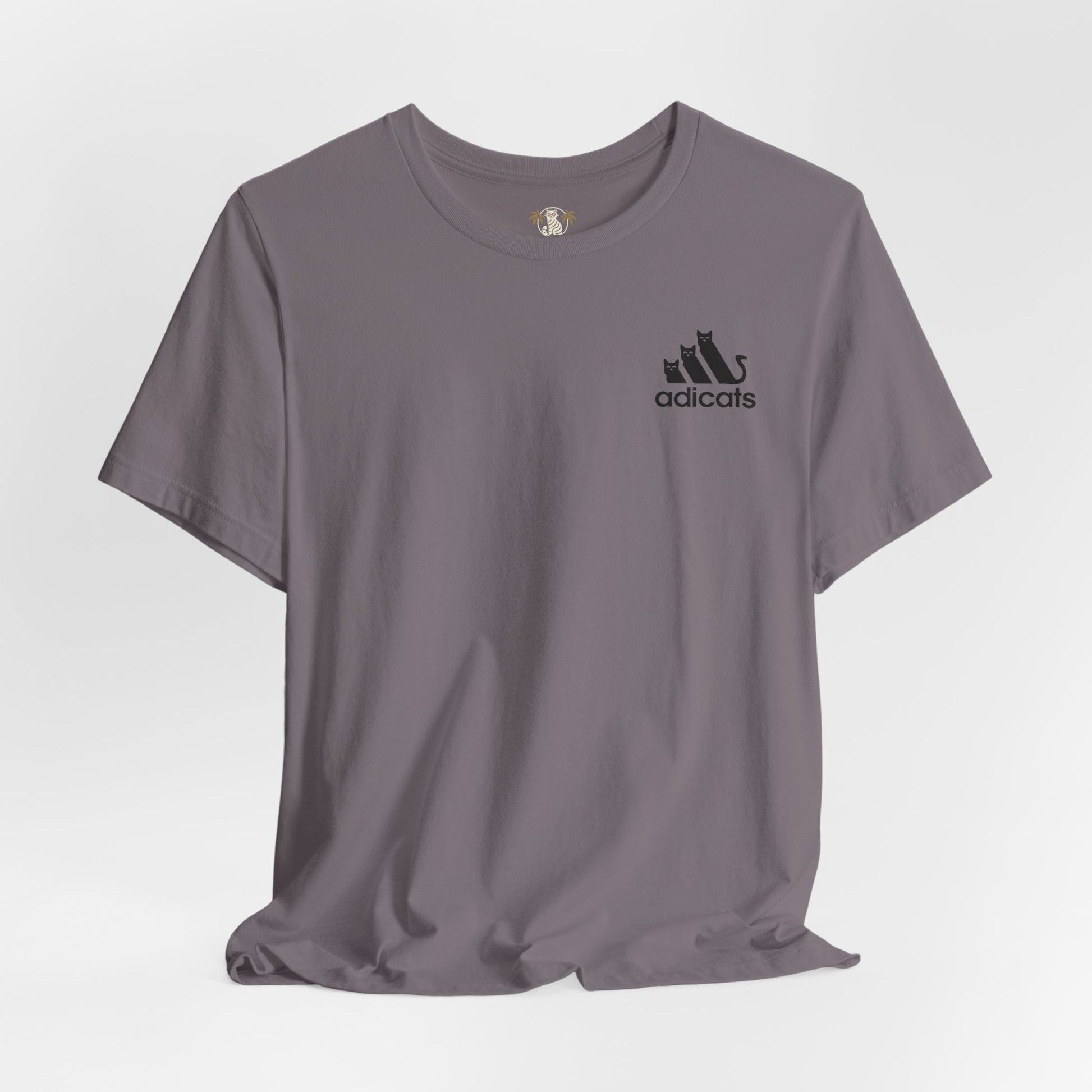 Gray t-shirt with a black adidcats logo on a light gray background