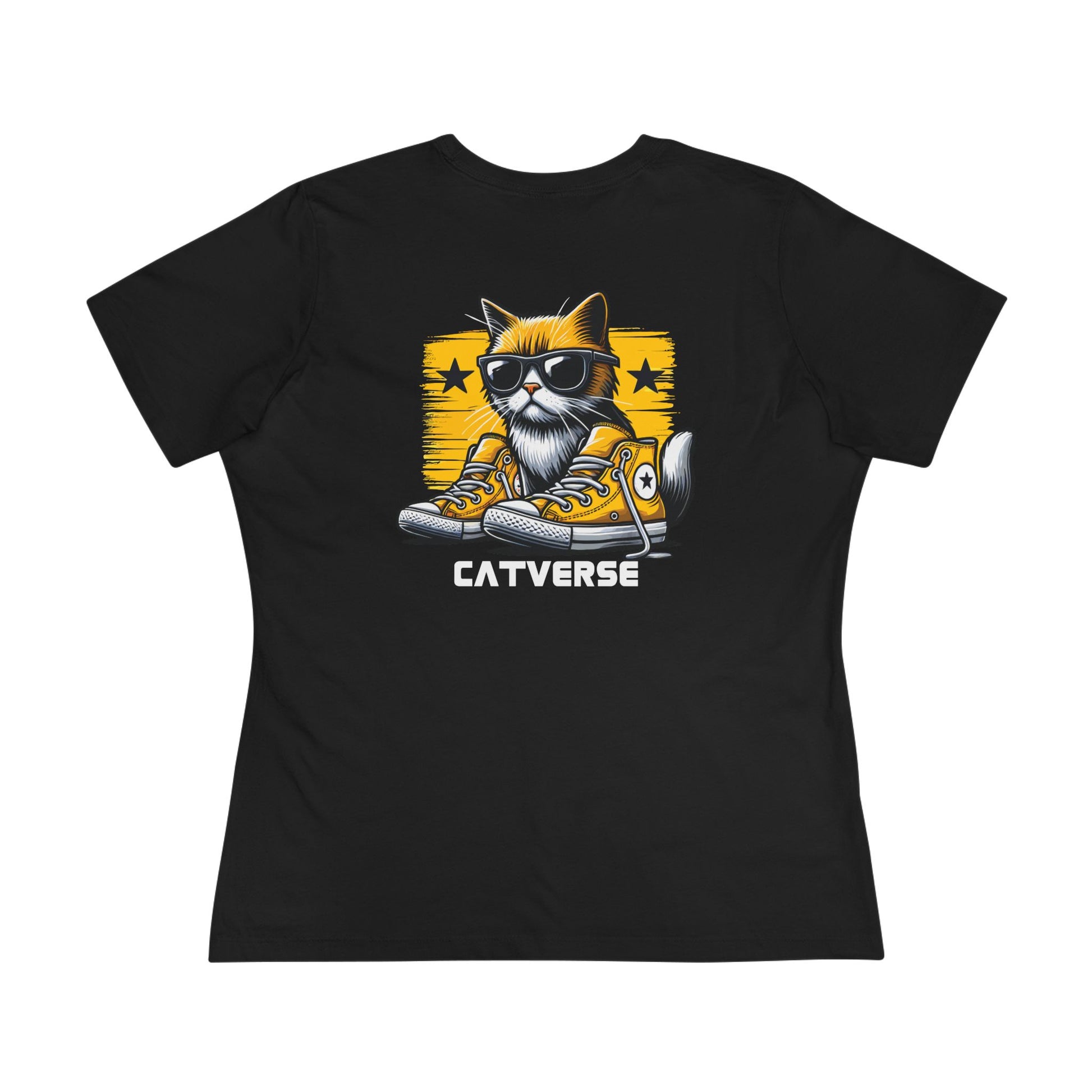 Funny women t shirts, black t shirt with graphic shades cat print back view