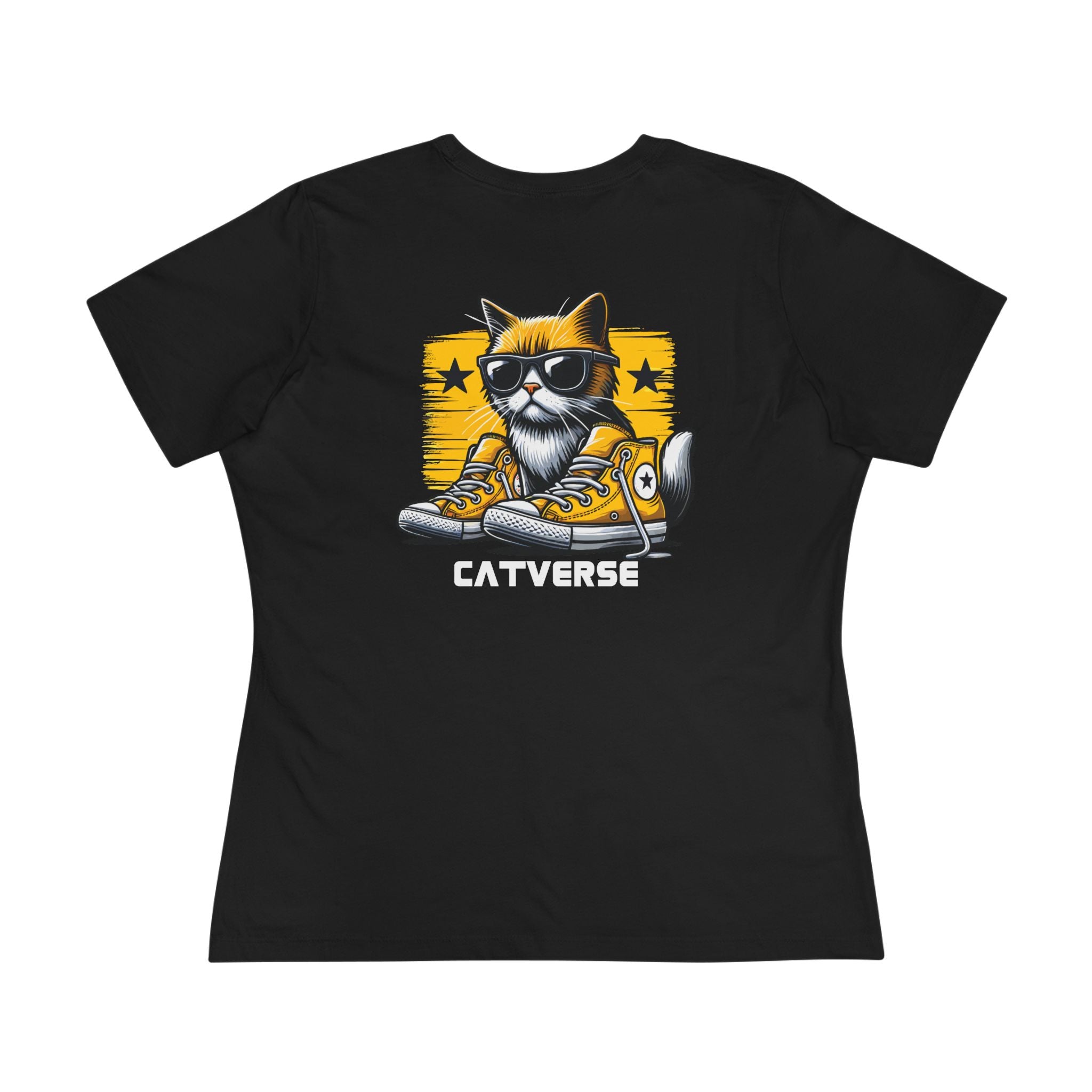 Funny women t shirts, black t shirt with graphic shades cat print back view