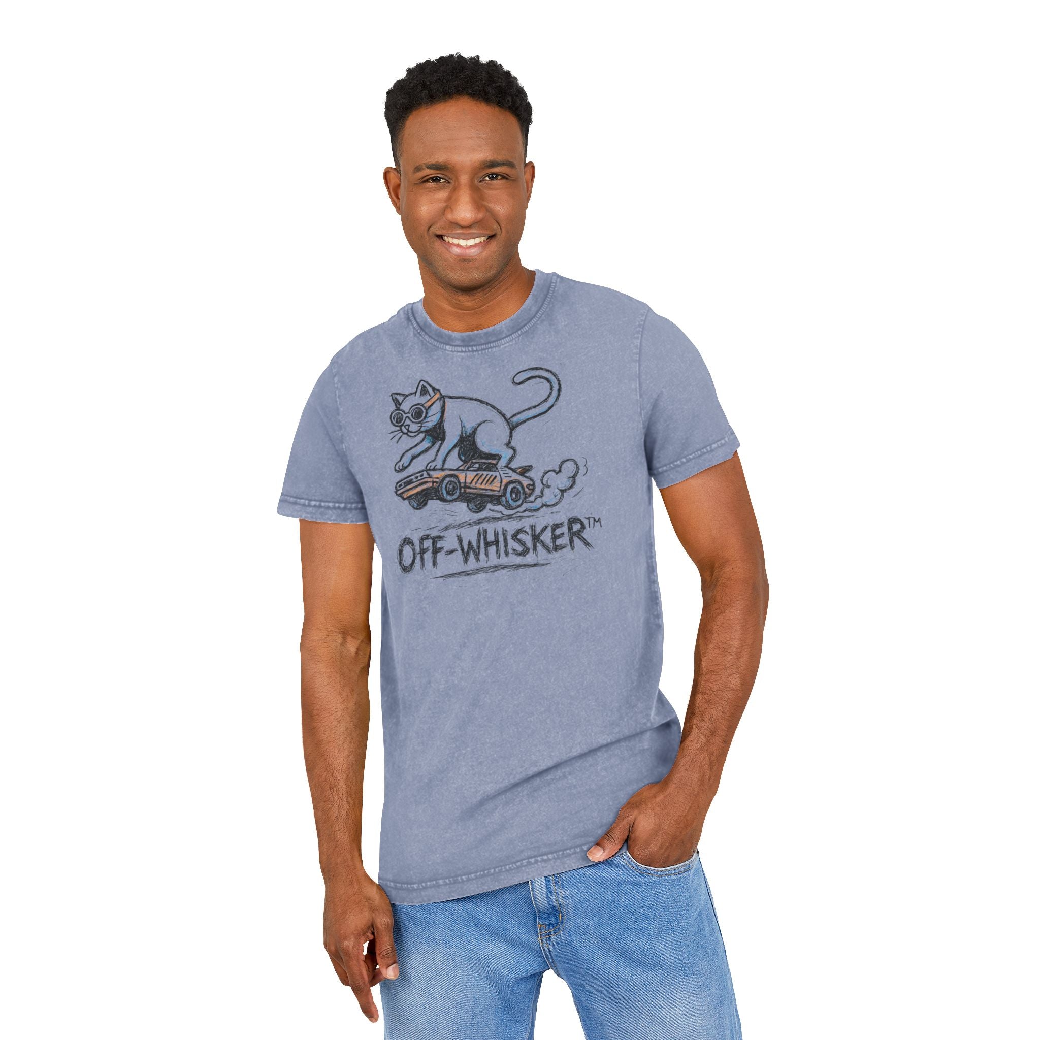 Man wearing Off-Whisker Drift Cat Sketch Acid Washed T Shirt Vintage Blue, funny t-shirts for men