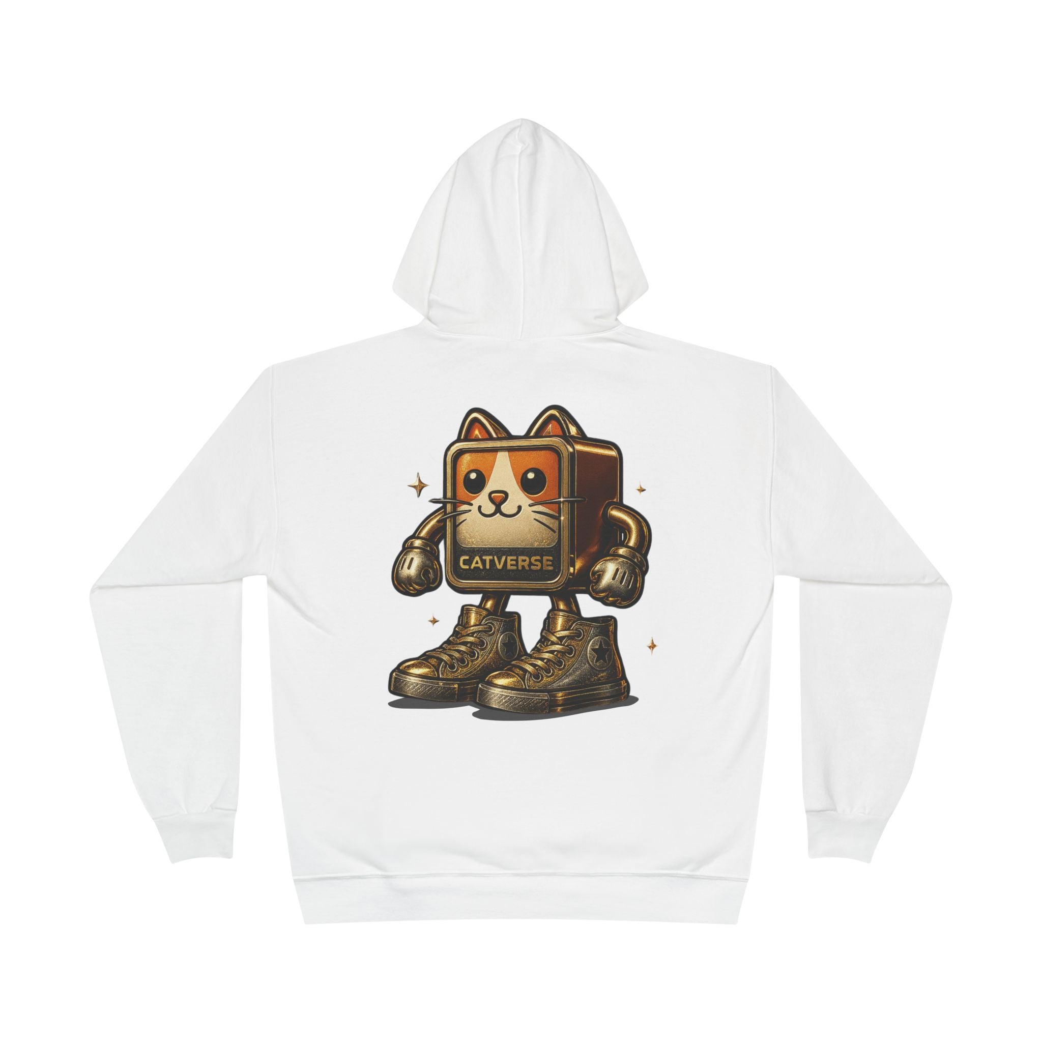 Back view of Catverse white hoodie with goldbot artwork, cat themed clothes