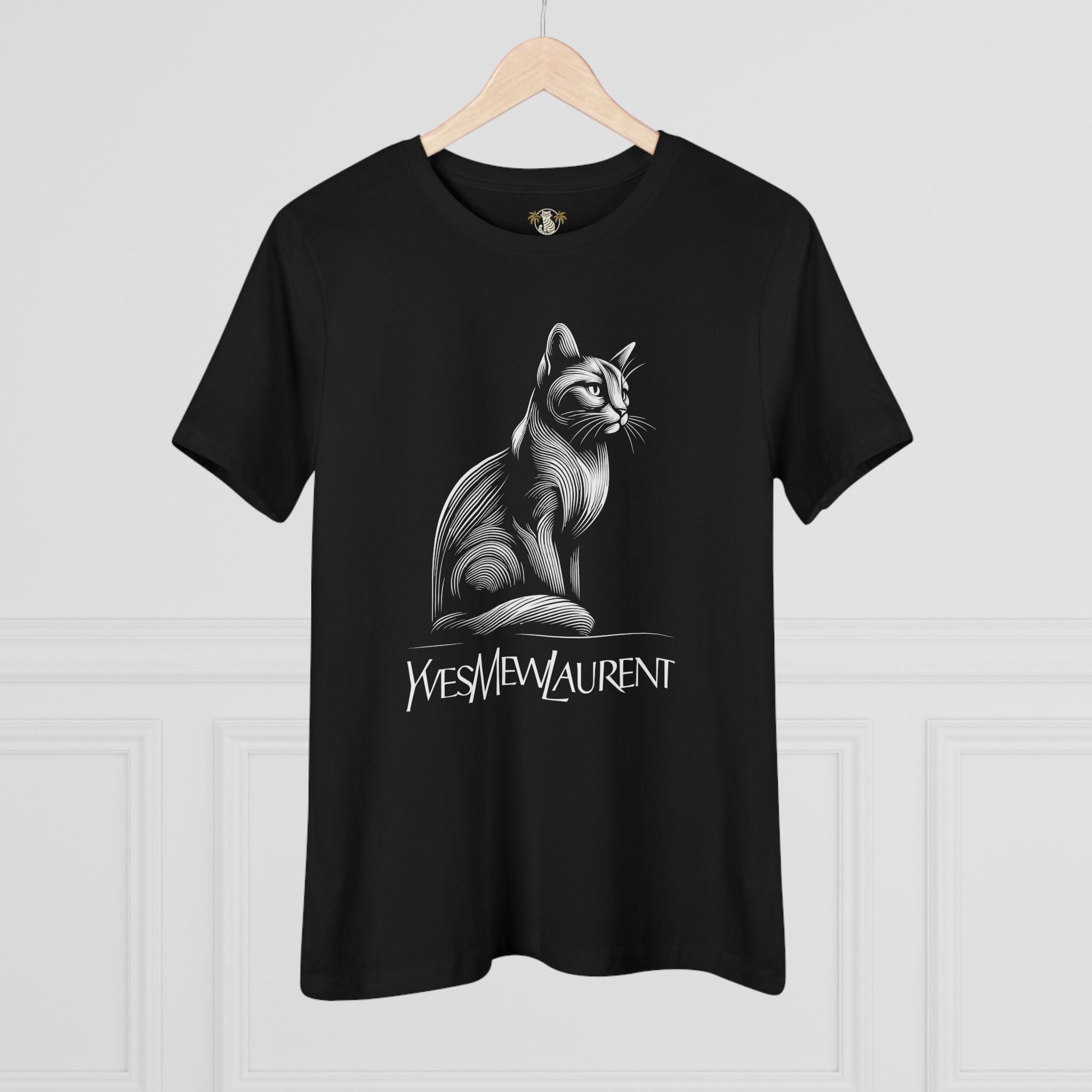 Yves Mew Laurent black cat graphic t shirt on hanger, casual tee for cat lovers