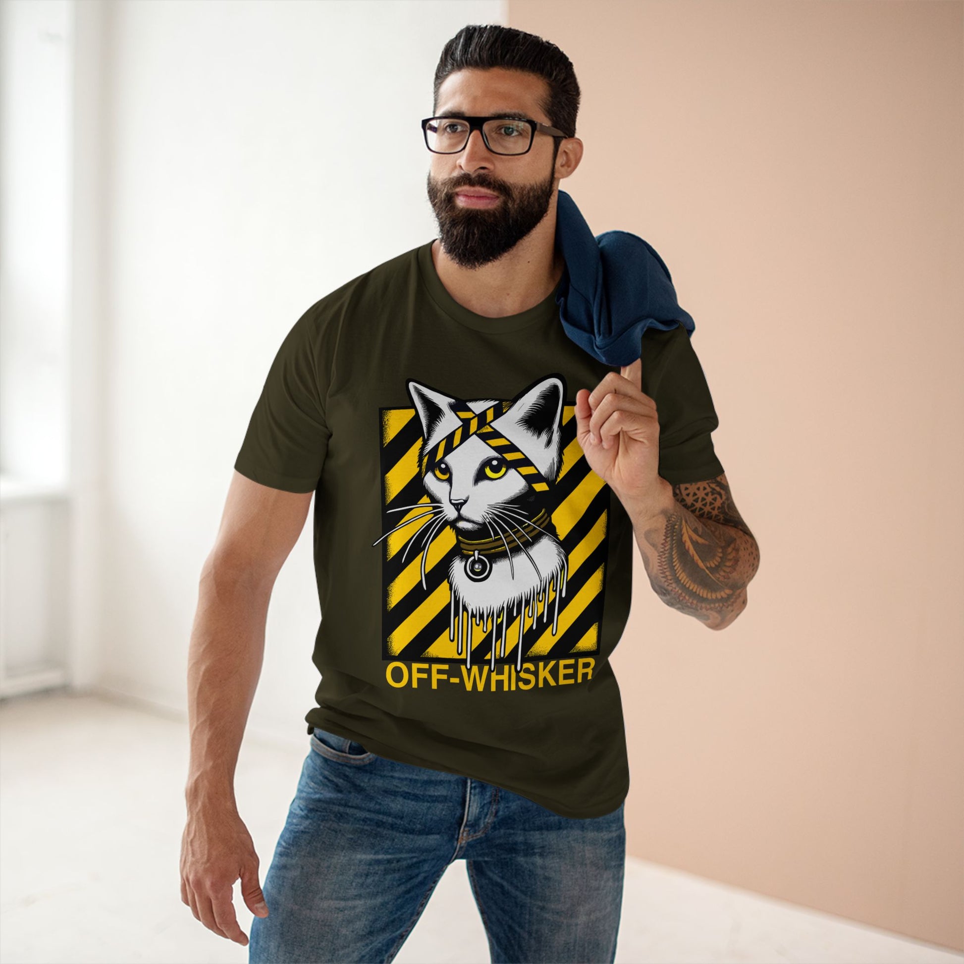 Man wearing army green Off-Whisker Industrial Drip cat graphic tee – stylish cat lover t shirts for everyday wear