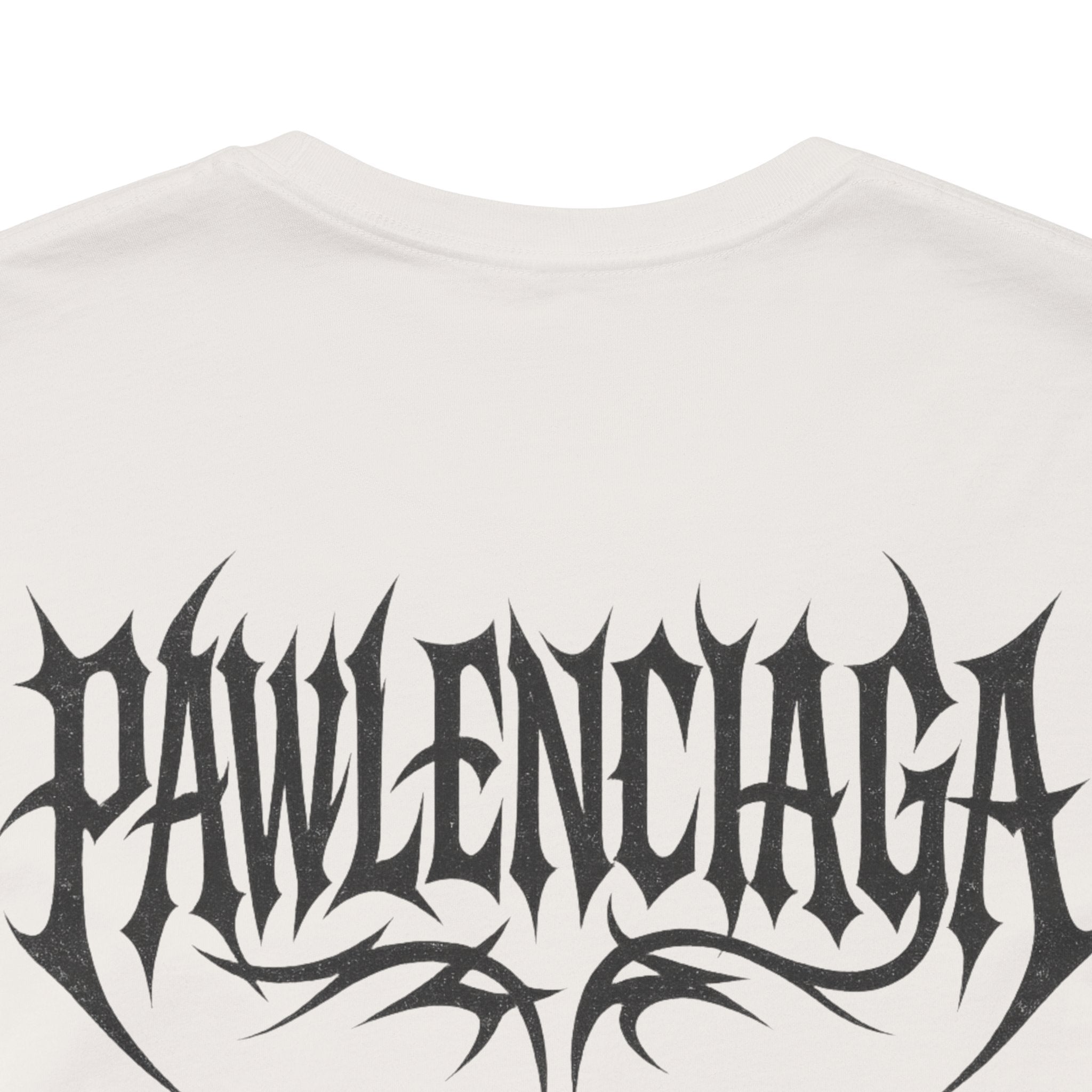 Pawlenciaga Apocalypse Cat Graphic T Shirt in Vintage White, close up of back logo, cat themed shirts, cool mens t shirts, shirts for cat lovers