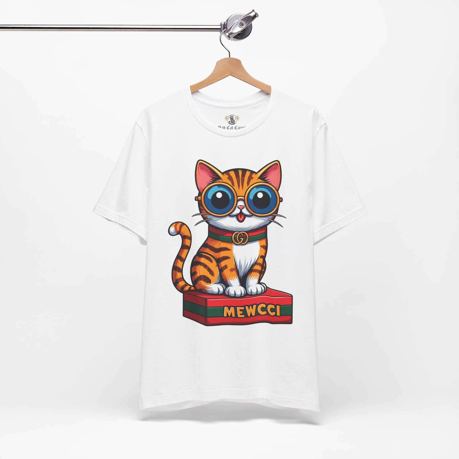 White Mewcci Iconic Box Cat Graphic T-Shirt  on hanger – funny cat gifts for cat lovers