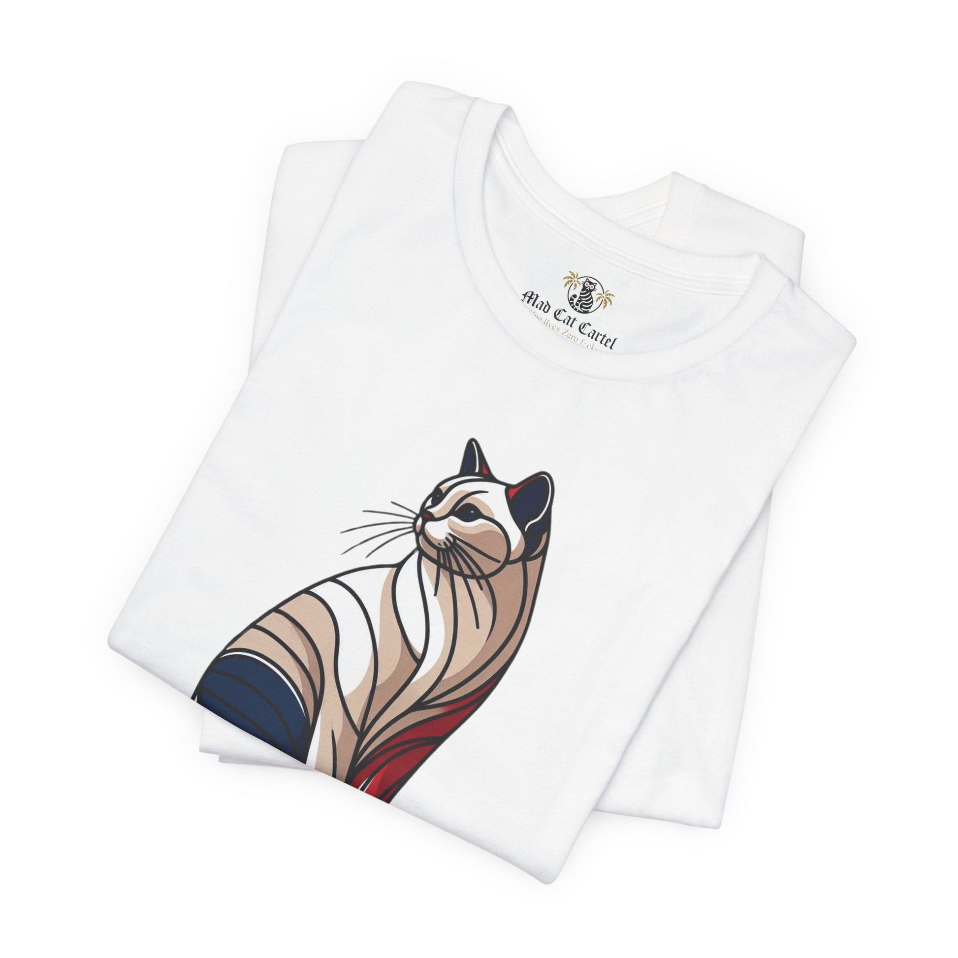 White cat on a shirt folded pair front design visible