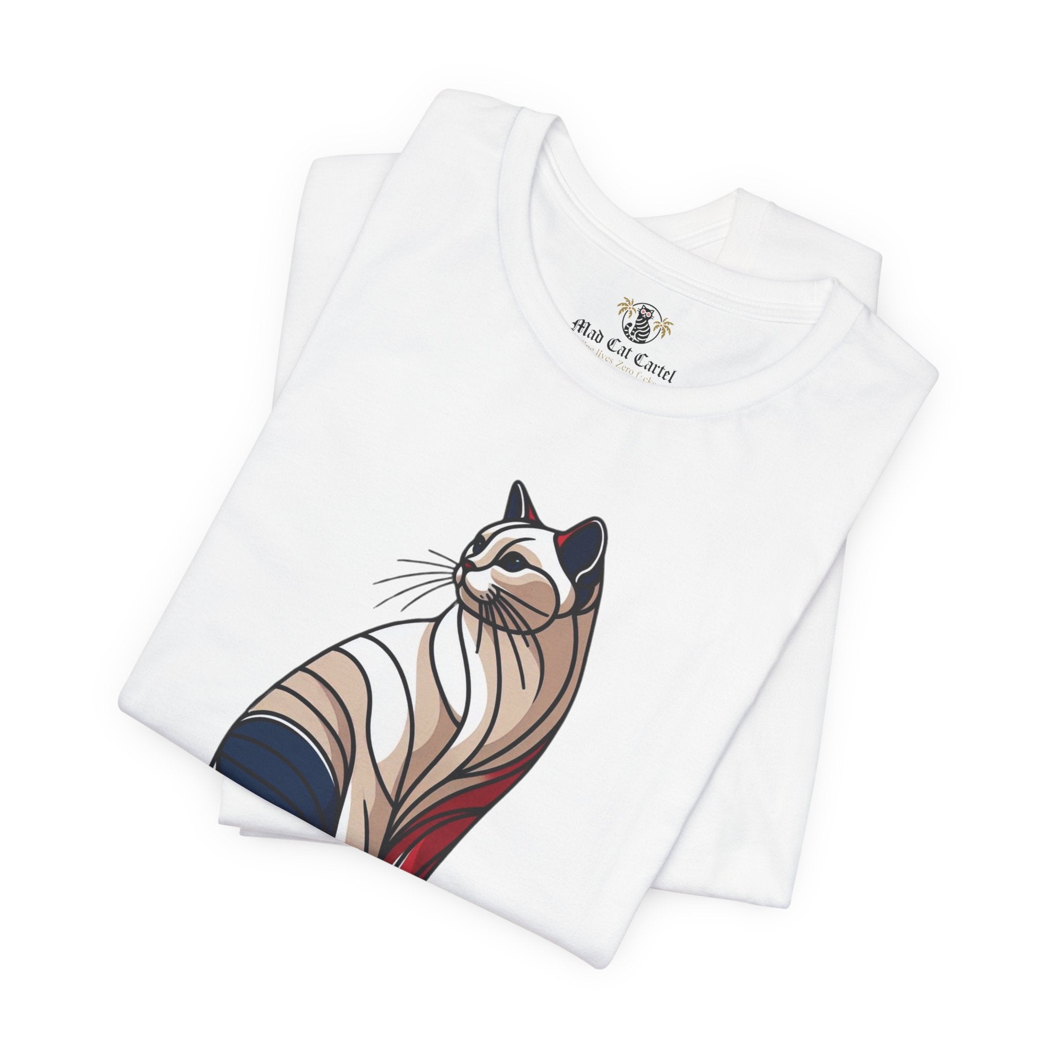 White cat on a shirt folded pair front design visible