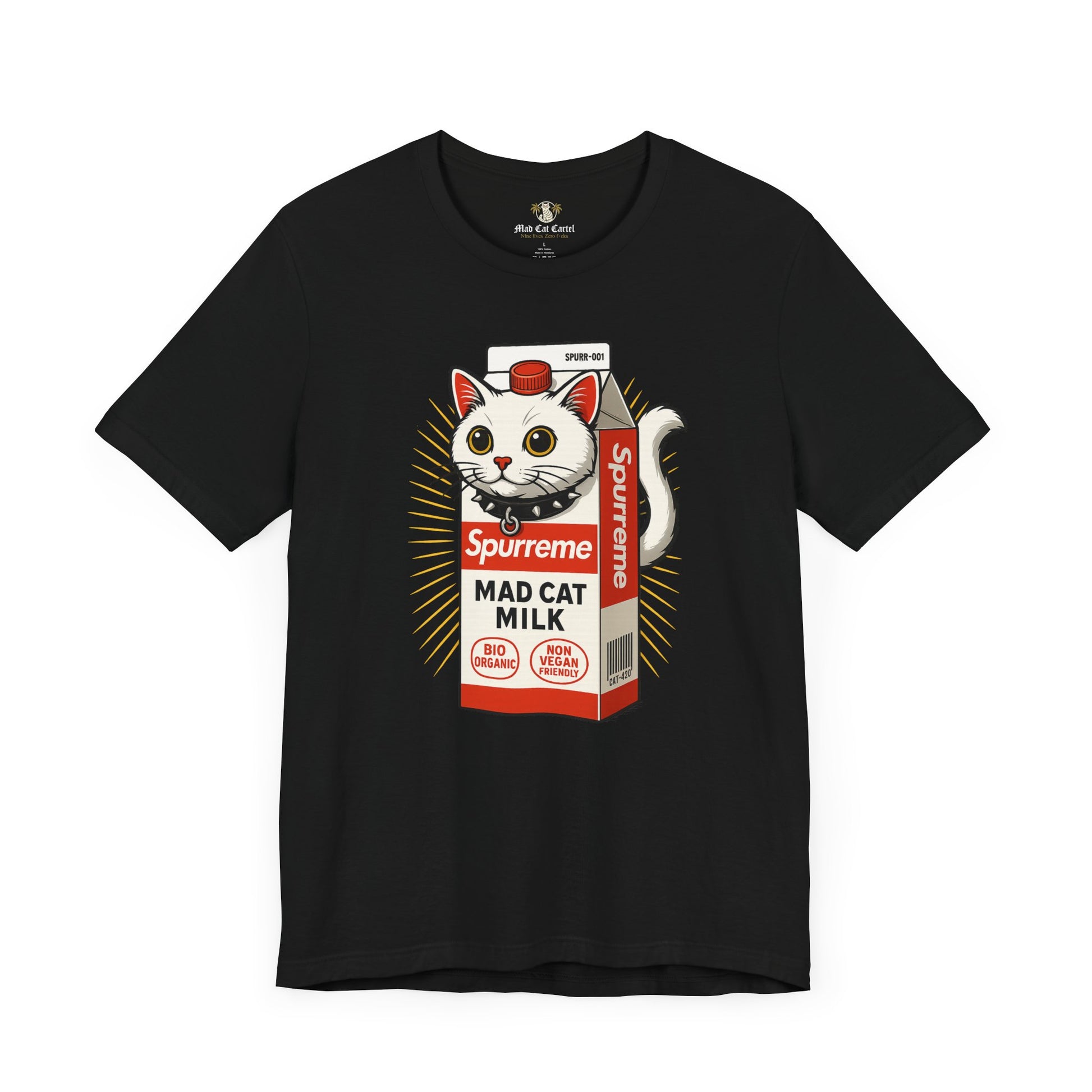 Black Spurreme Mad Cat Organic Milk t shirt front view – funny t shirts for men