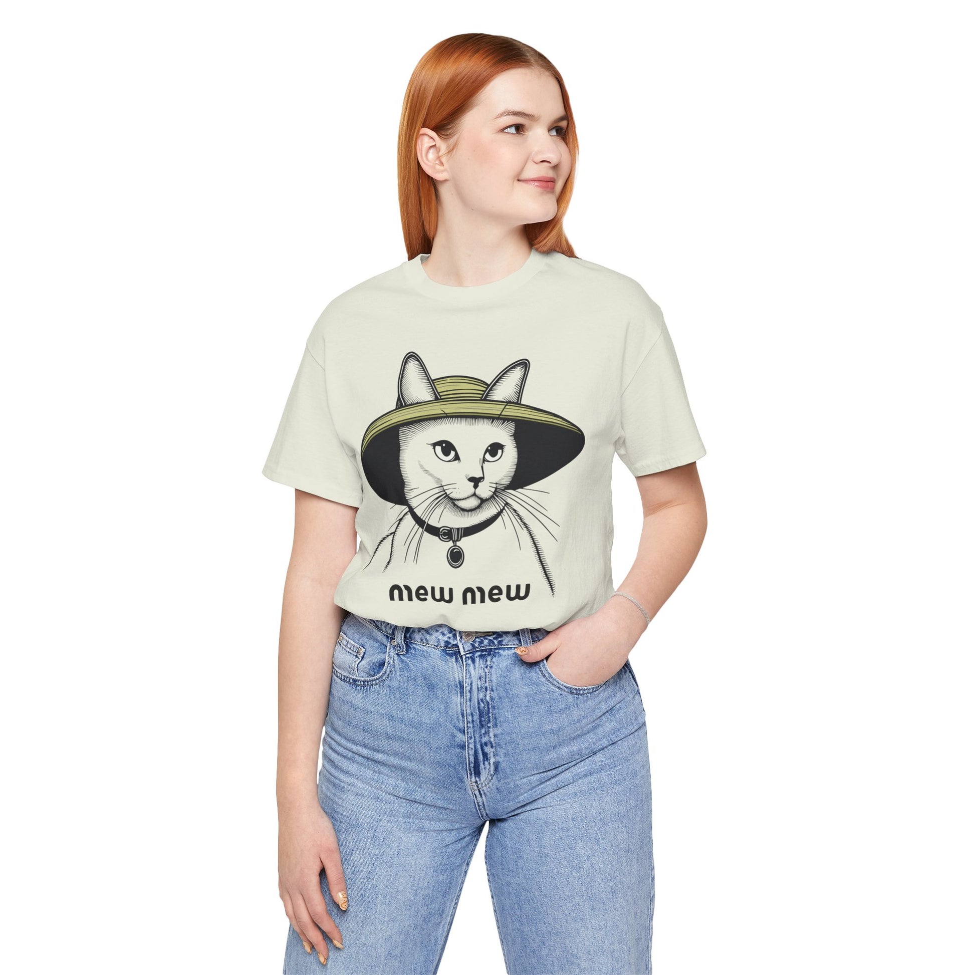 Cat graphic t shirt – citron unisex tee worn by female model, Mew Mew cat in wide-brim hat print