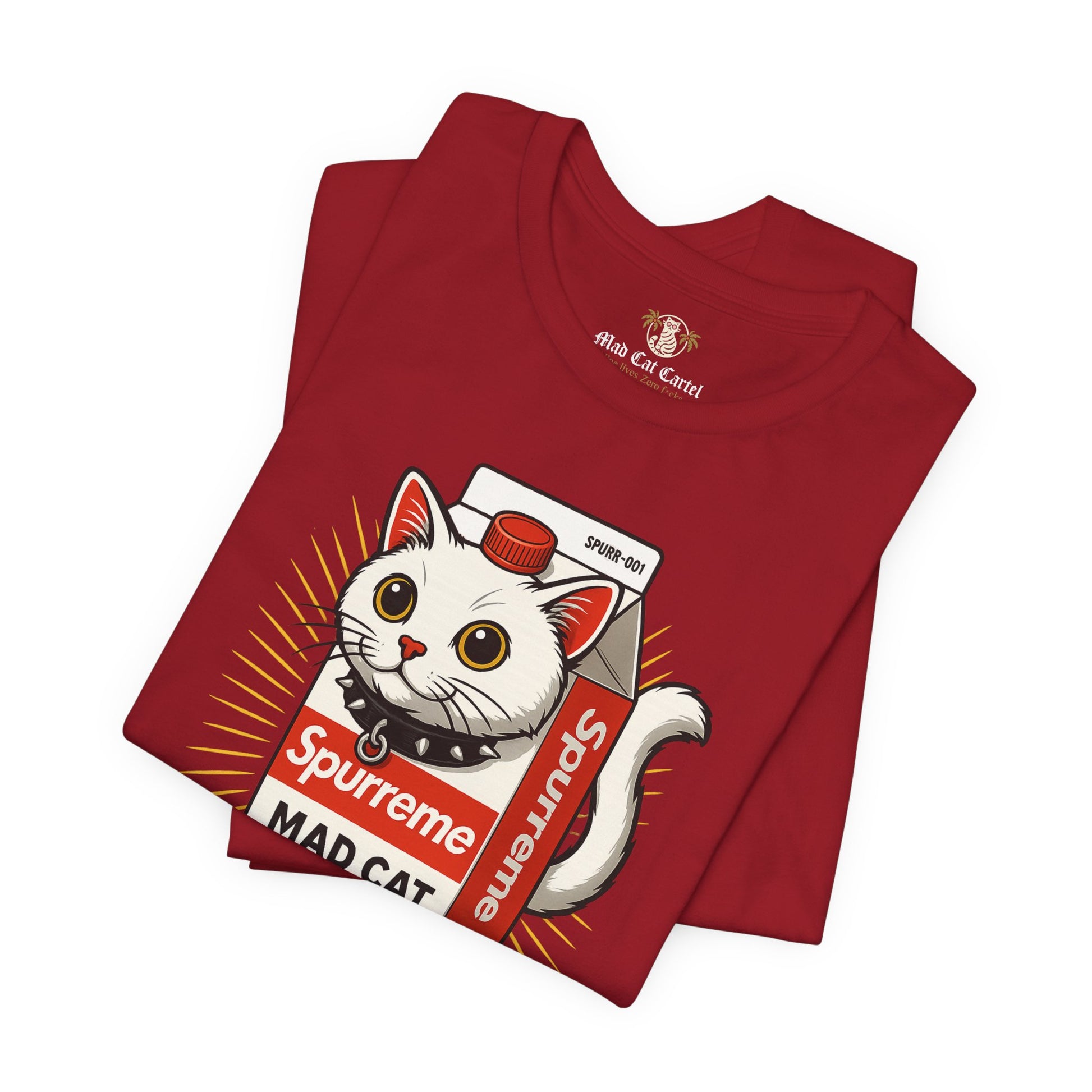 Folded Canvas Red Spurreme Mad Cat Organic Milk t shirt front view – funny adult t shirts