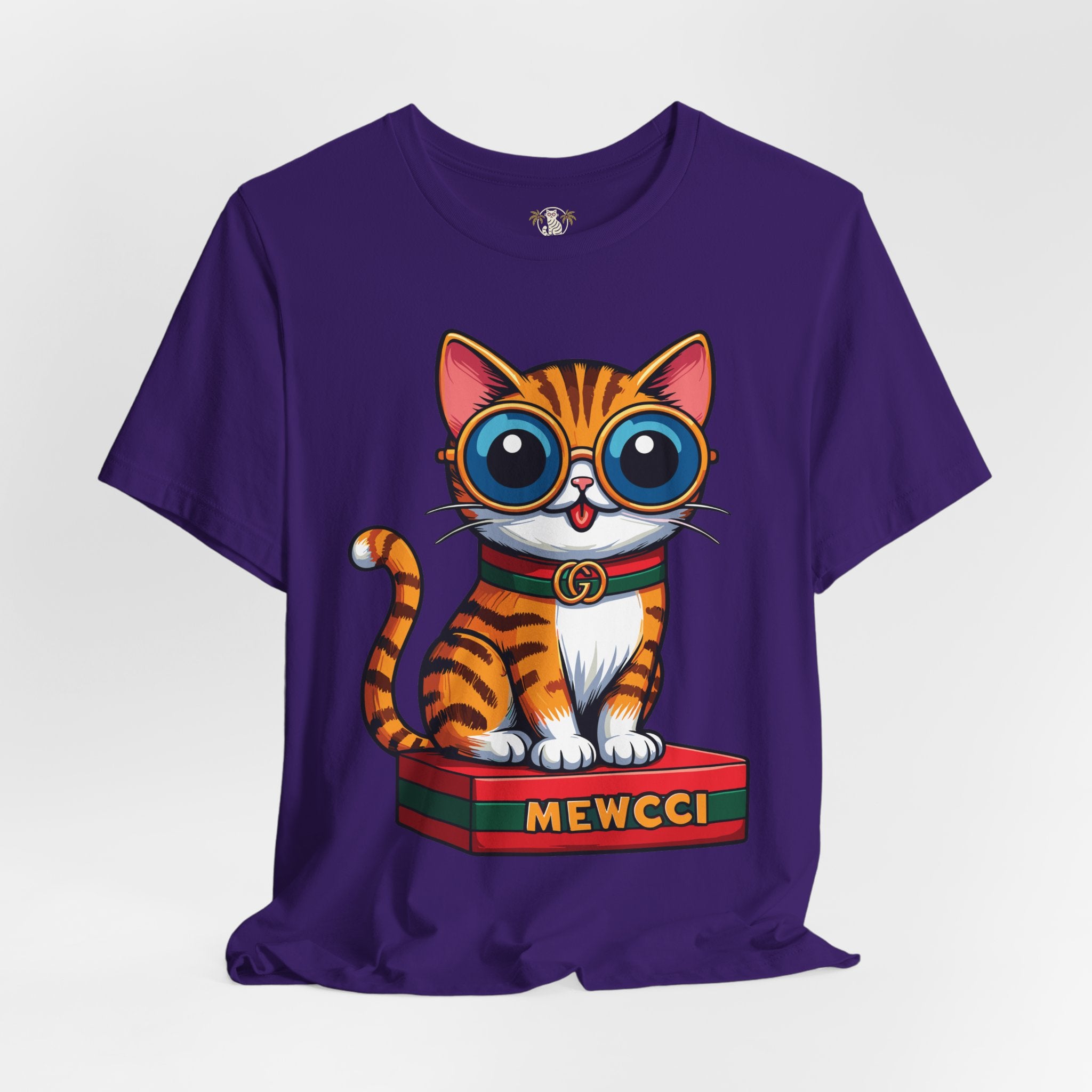 Hanging Mewcci Iconic Box Cat Graphic T-Shirt for cat lovers in Team Purple