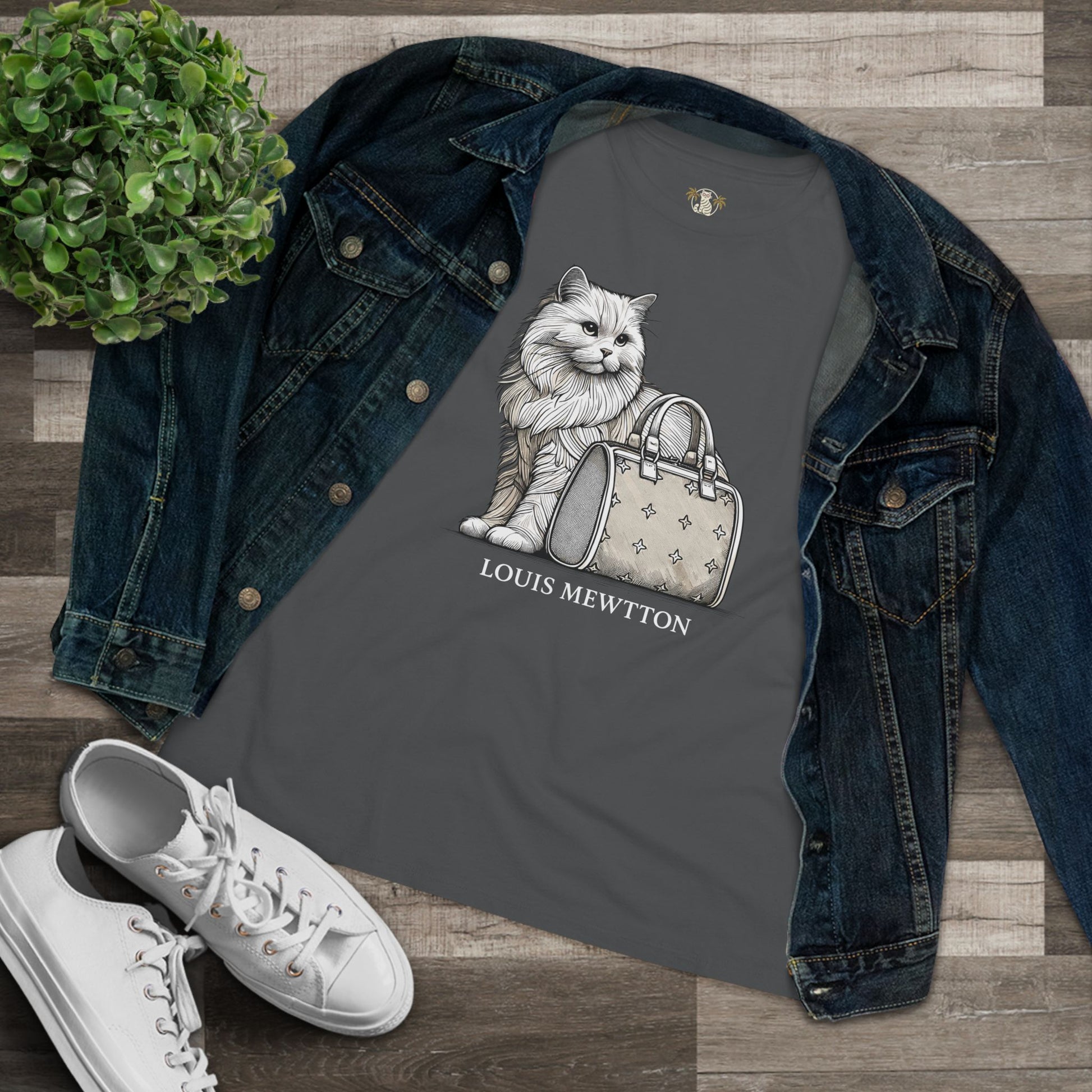 Louis Mewtton Persian Cat graphic gray T-Shirt Women's with denim jacket
