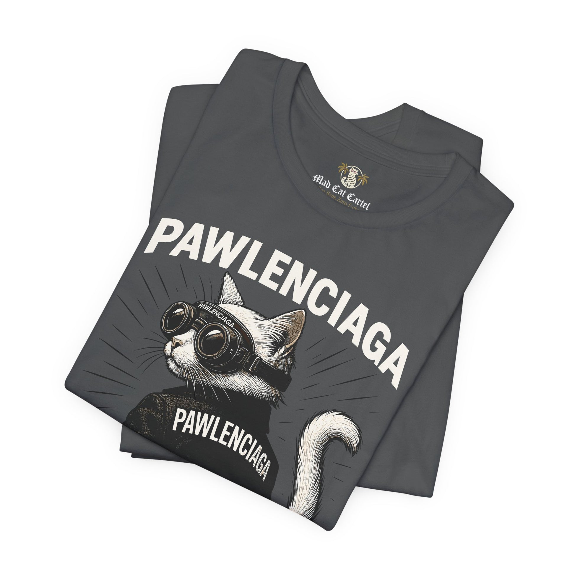 gray Pawlenciaga cat tee, folded, tee shirts with cats on them, front graphic detail