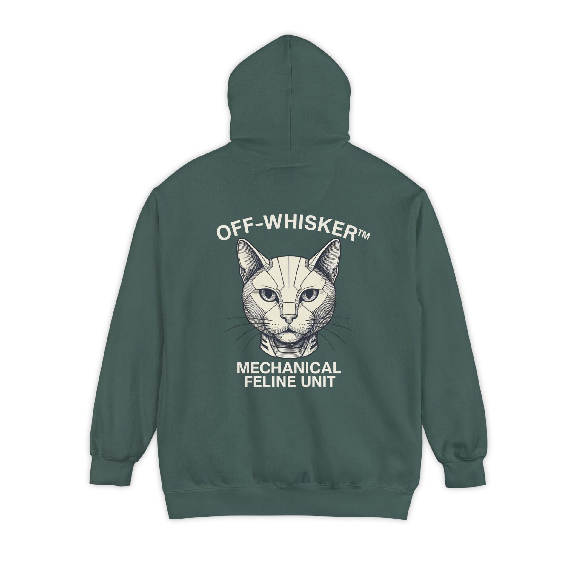 Back view of Off-Whisker blue spruce hoodie with mechanical cat artwork, cat clothes for humans