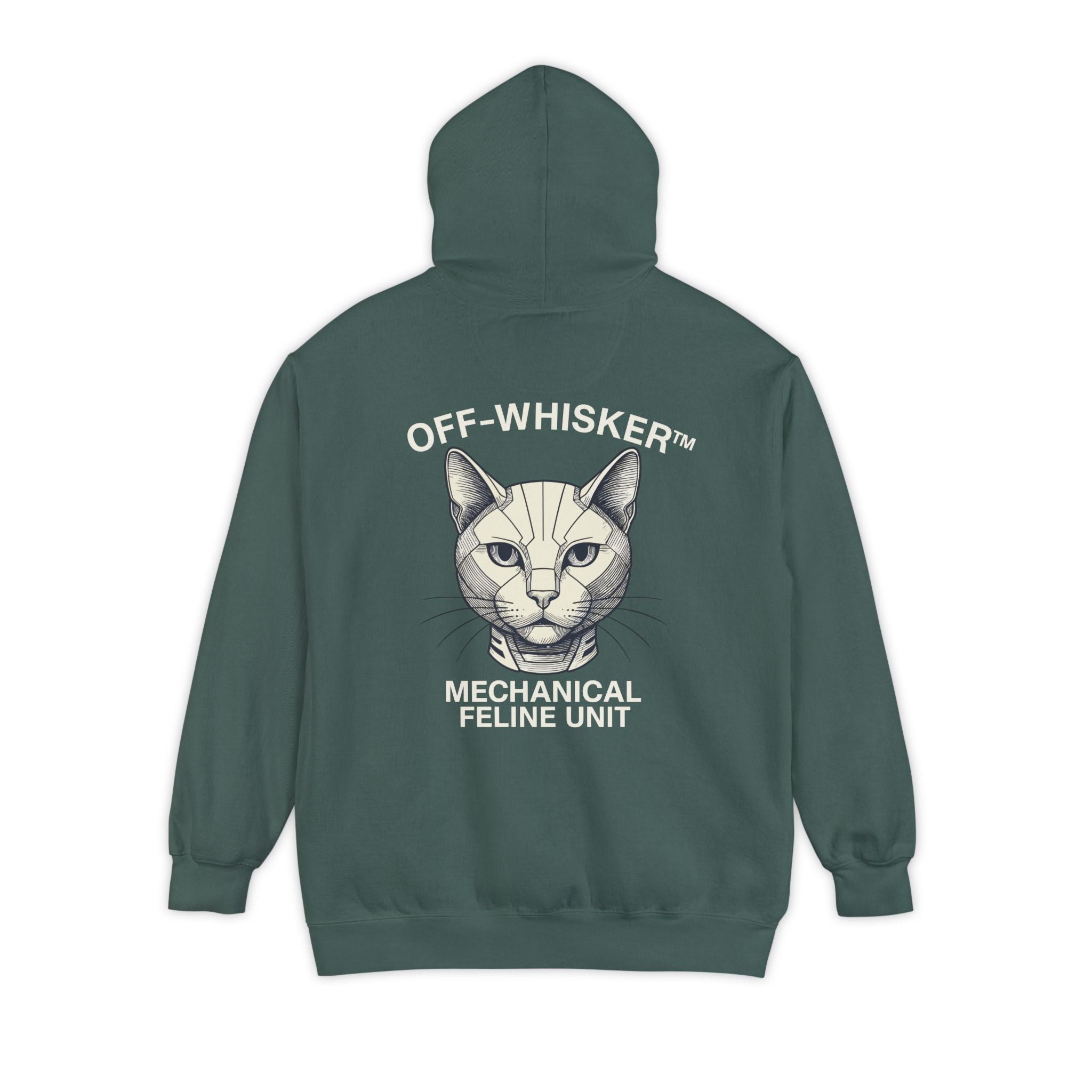 Back view of Off-Whisker blue spruce hoodie with mechanical cat artwork, cat clothes for humans