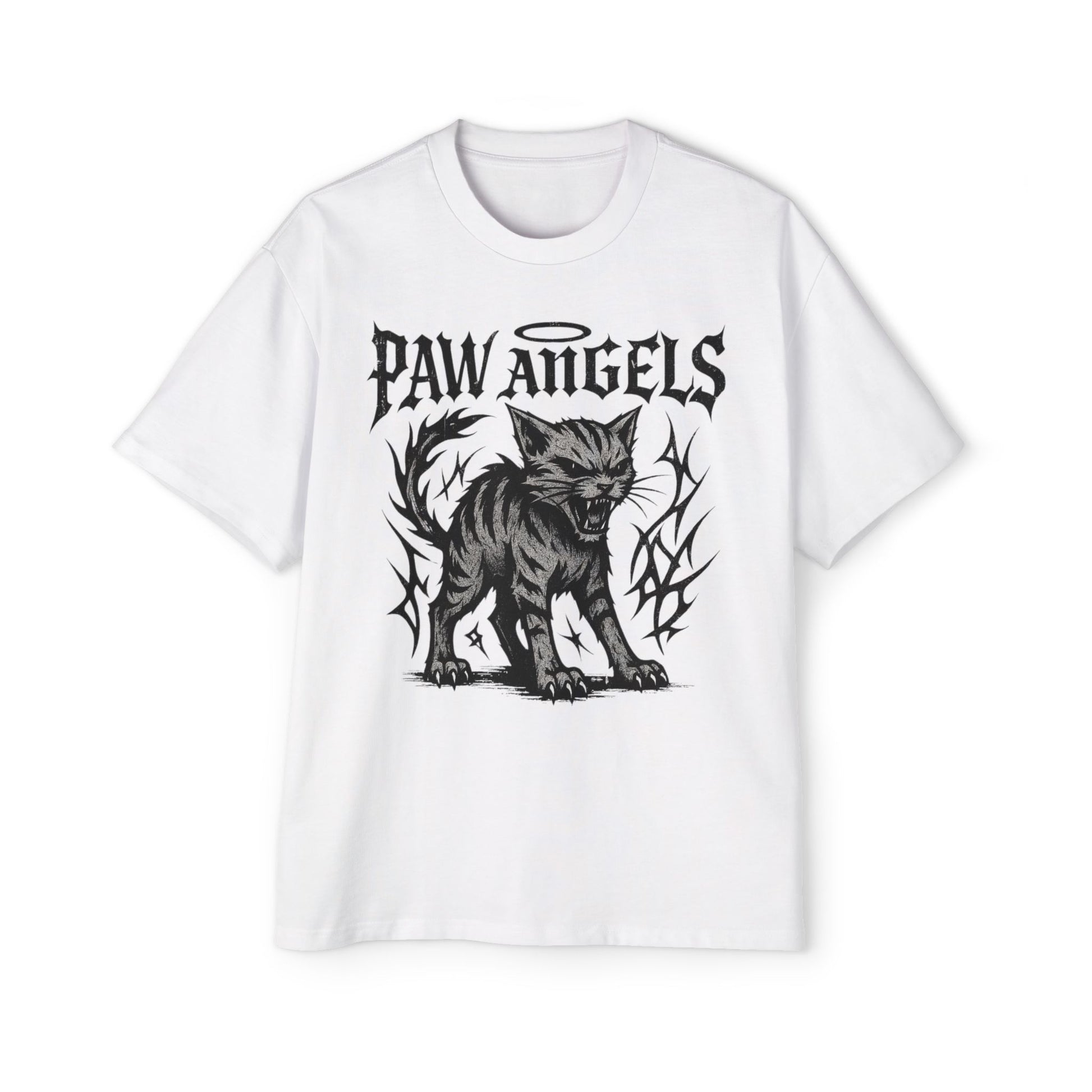 Front view of Paw Angels Hellcat white men's oversized cat t-shirt – mens cat tee