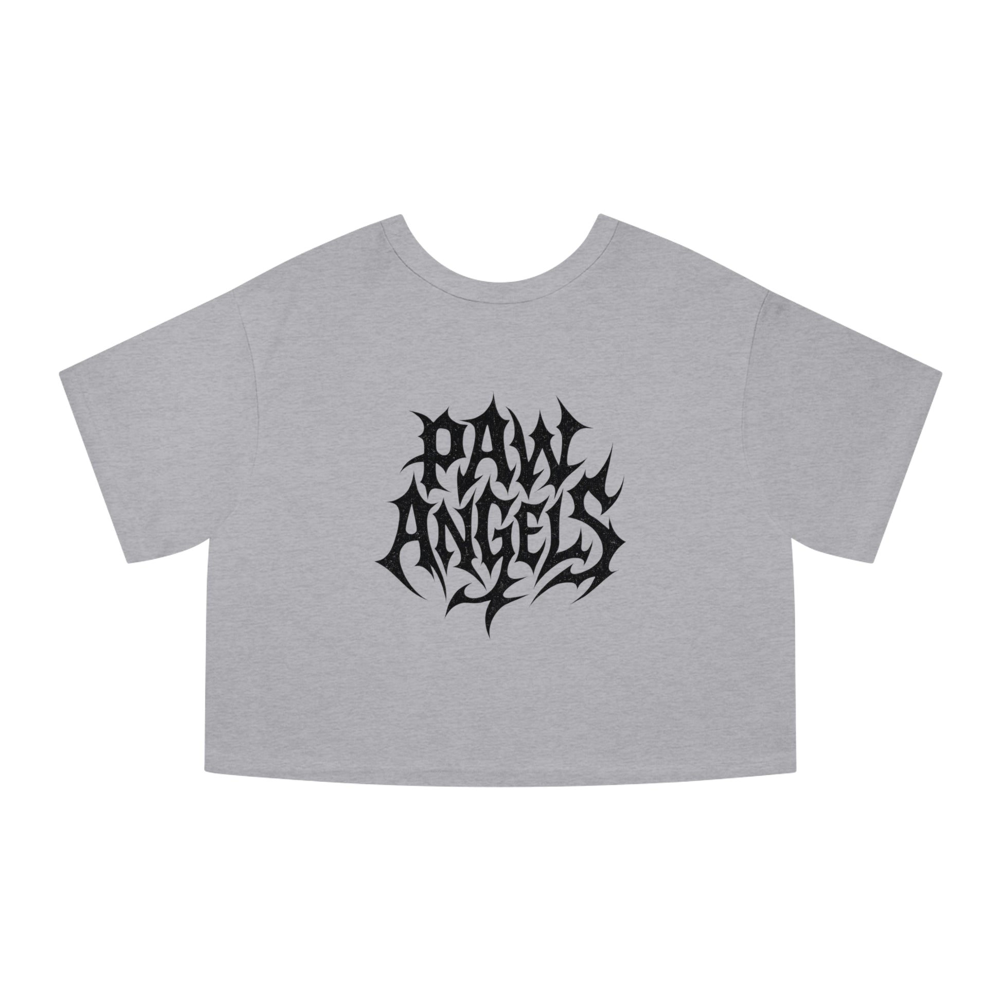 Paw Angels x Champion hellcat cropped t shirt back view, gray crop top