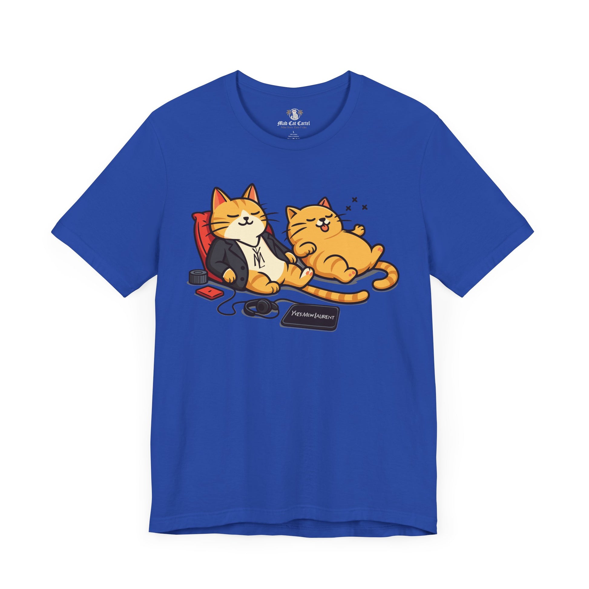 Yves Mew Laurent Chill Cats Cartoon Graphic T Shirt, true royal blue cat graphic tee
