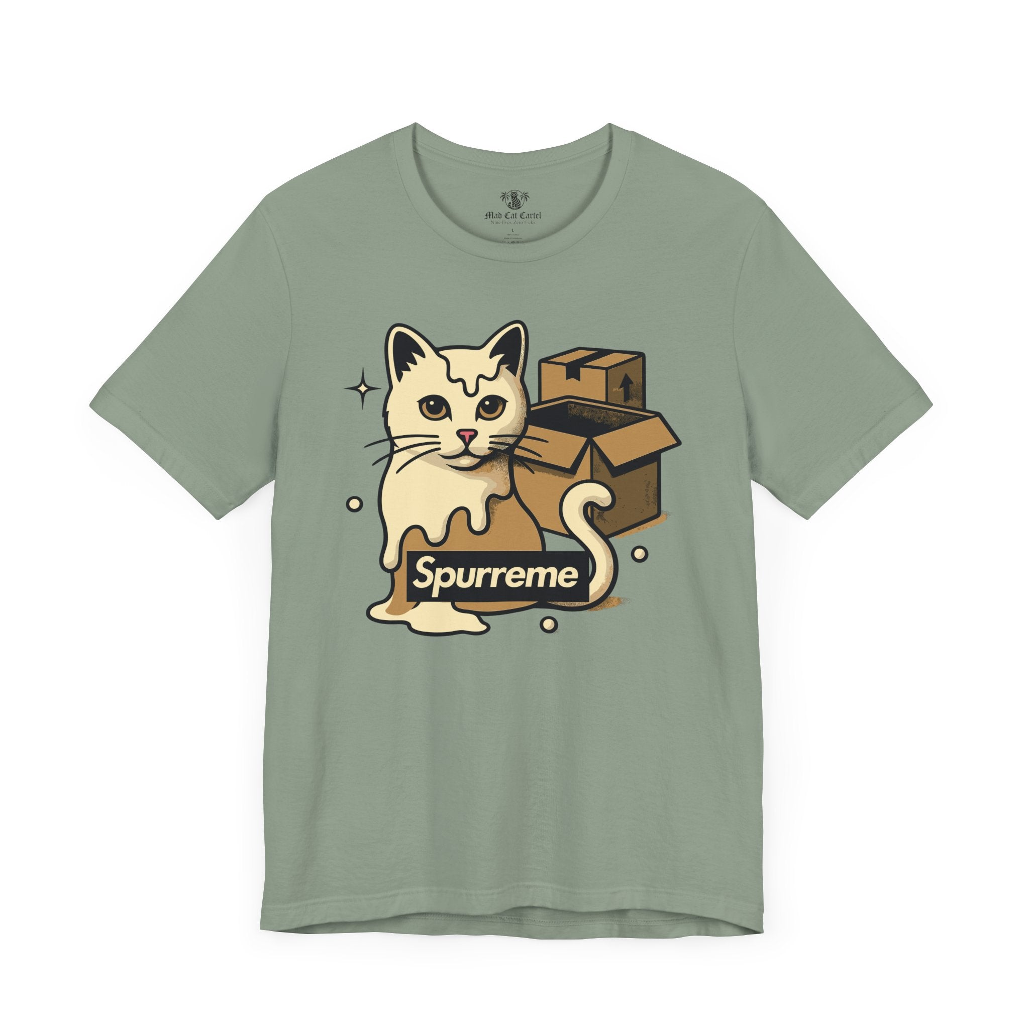 Sage Spurreme Box Addict Cat Graphic T Shirt for cat lovers front view