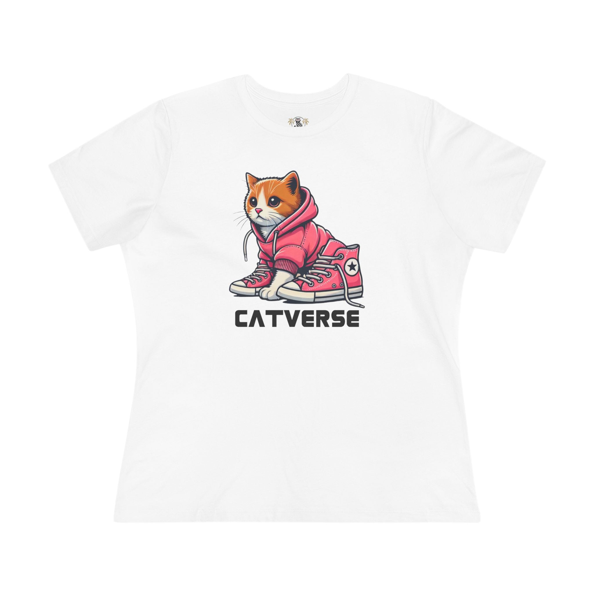Catverse Hoodie Kicks Cat Graphic Women’s T-Shirt in white flat lay front view, funny tees for women, cat shirts for women