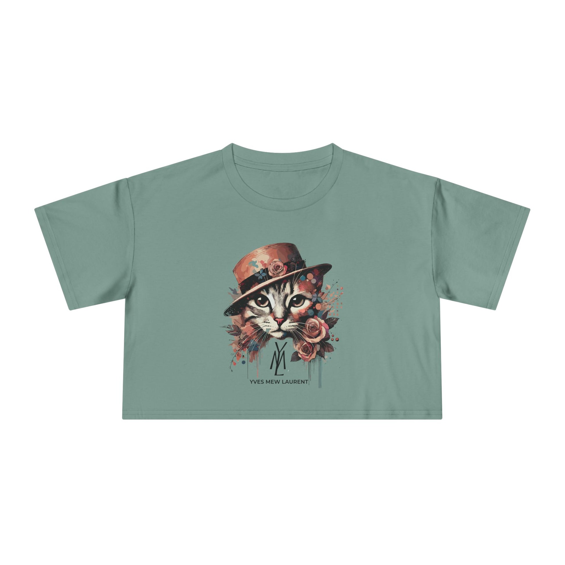 Yves Mew Laurent green cat crop top, sage green crop top for women with cat graphic