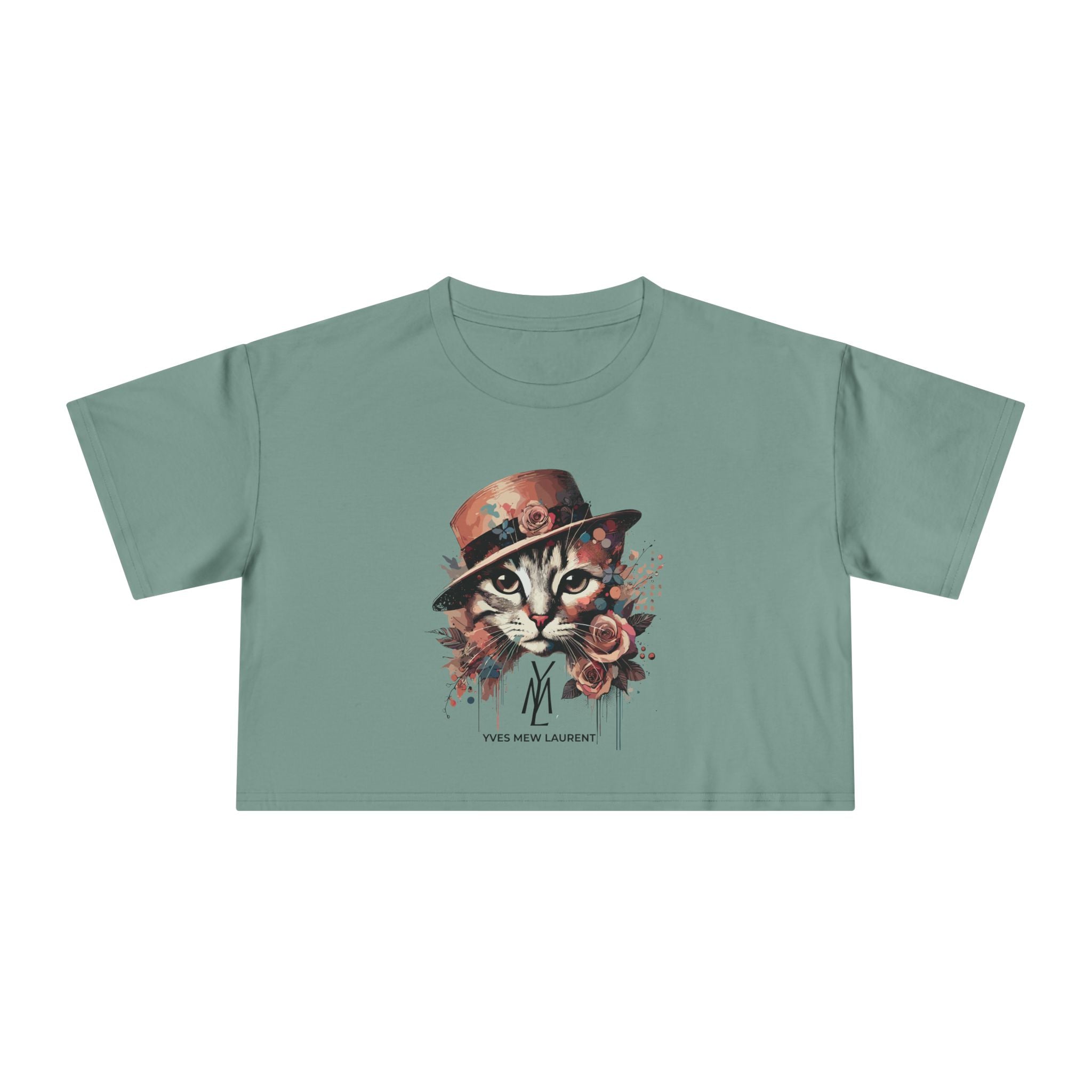 Yves Mew Laurent green cat crop top, sage green crop top for women with cat graphic