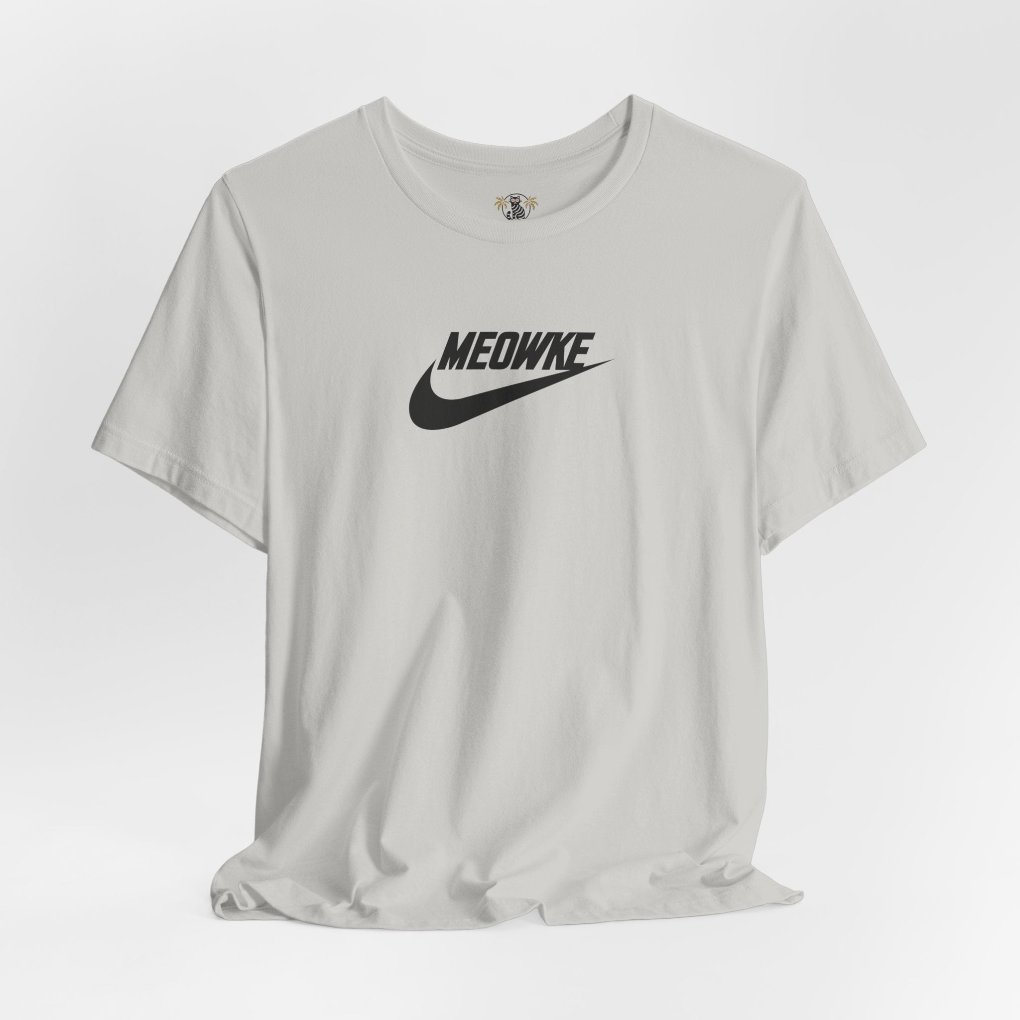 T shirt for cat lovers for men and women – silver unisex tees, black Meowke chest swoosh logo