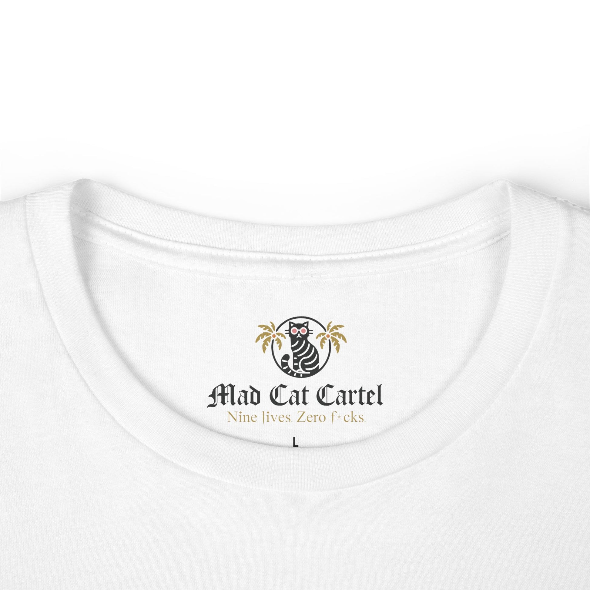 White cat lover shirts neckline close-up