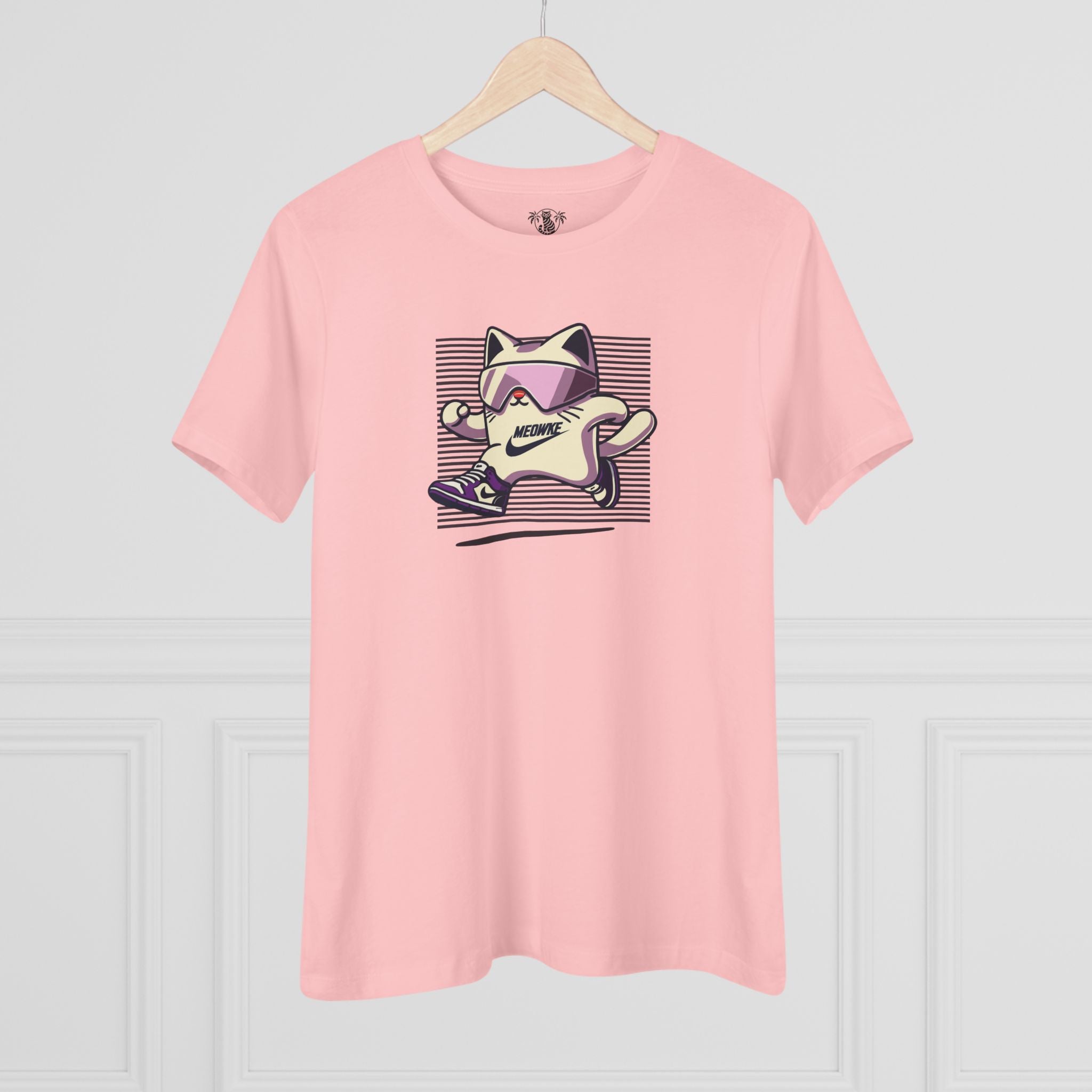 Pink ladies t shirt on hanger, cat graphic t shirt