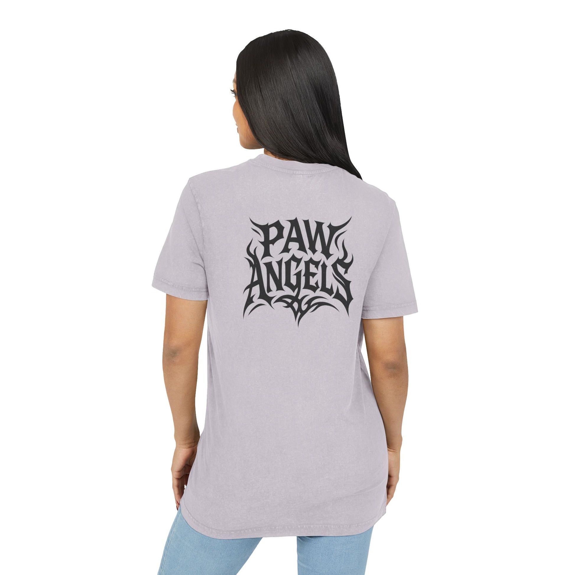 Paw Angels Rebel Angel Acid Washed T-Shirt on female model back, casual cat lover shirt