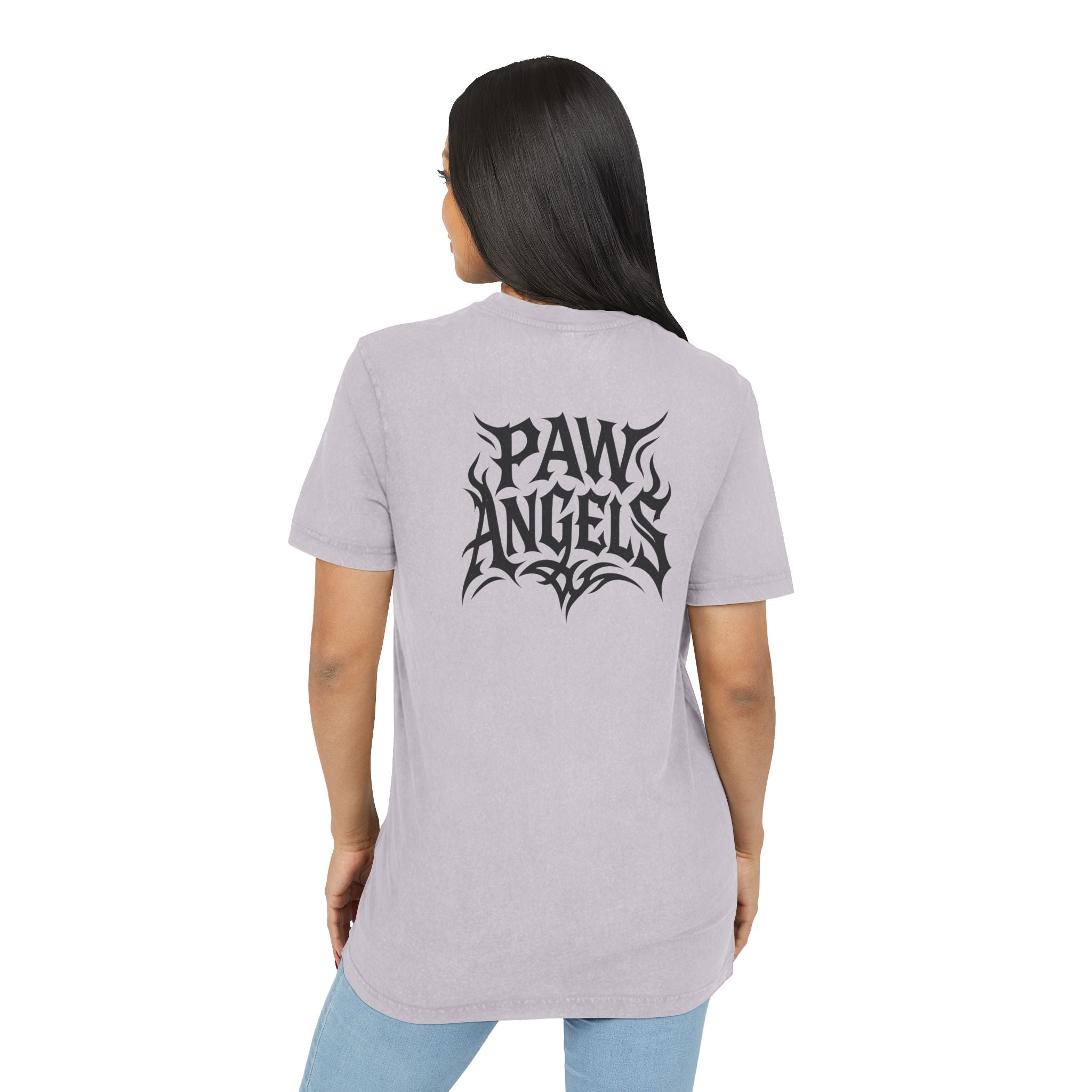 Paw Angels Rebel Angel Acid Washed T-Shirt on female model back, casual cat lover shirt