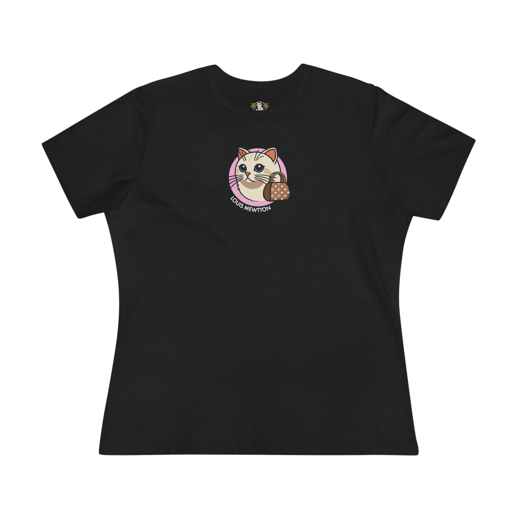 Louis Mewtton Mini Chest Cat Icon Women's Black T Shirt flat front cat shirts for women