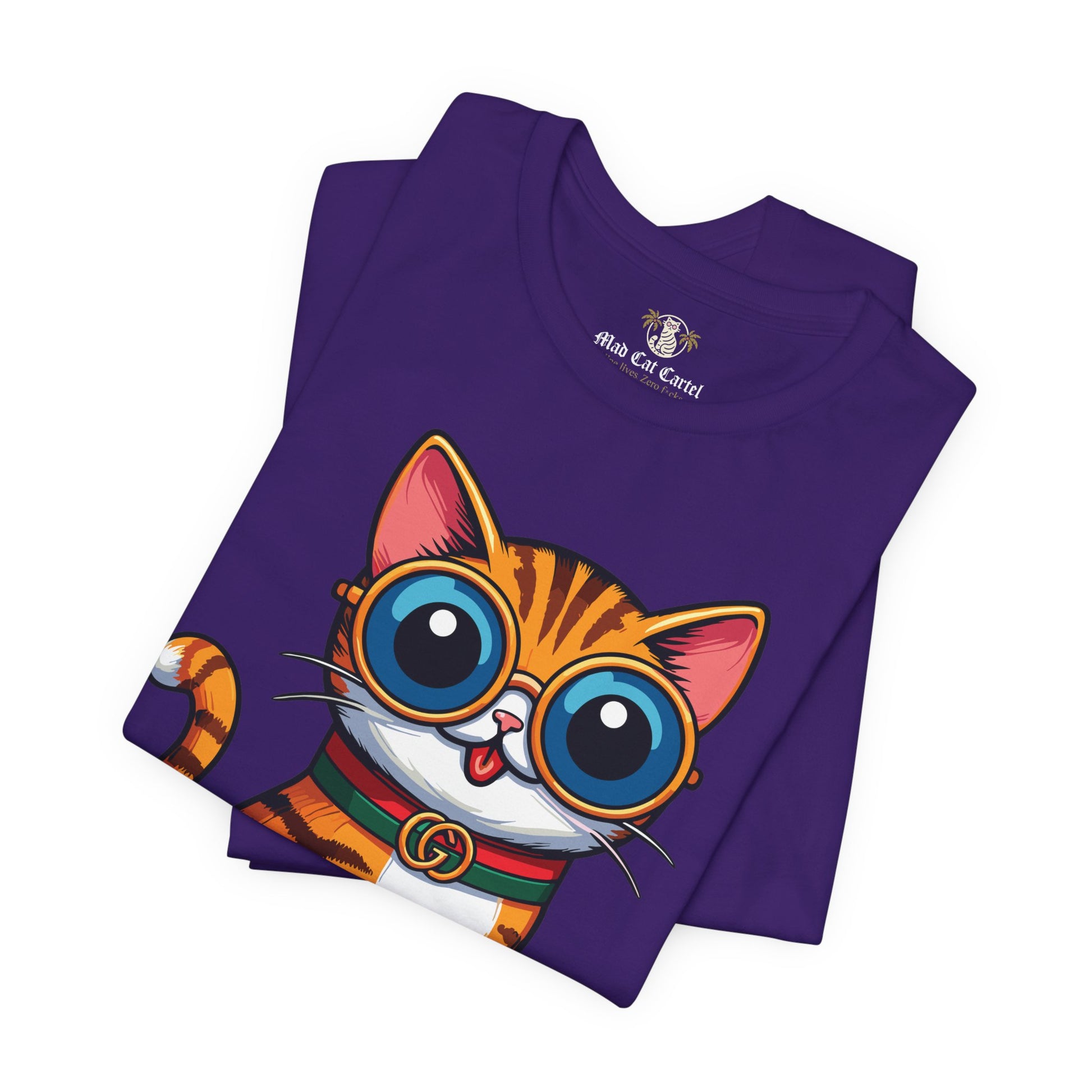 Folded Mewcci Iconic Box Cat Graphic T Shirt in Team Purple