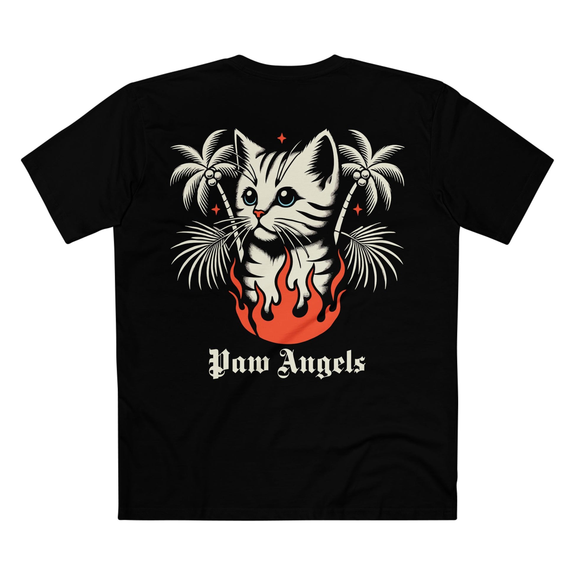 Back view of Paw Angels Paradise Inferno cat graphic black unisex t-shirt – cat t shirts
