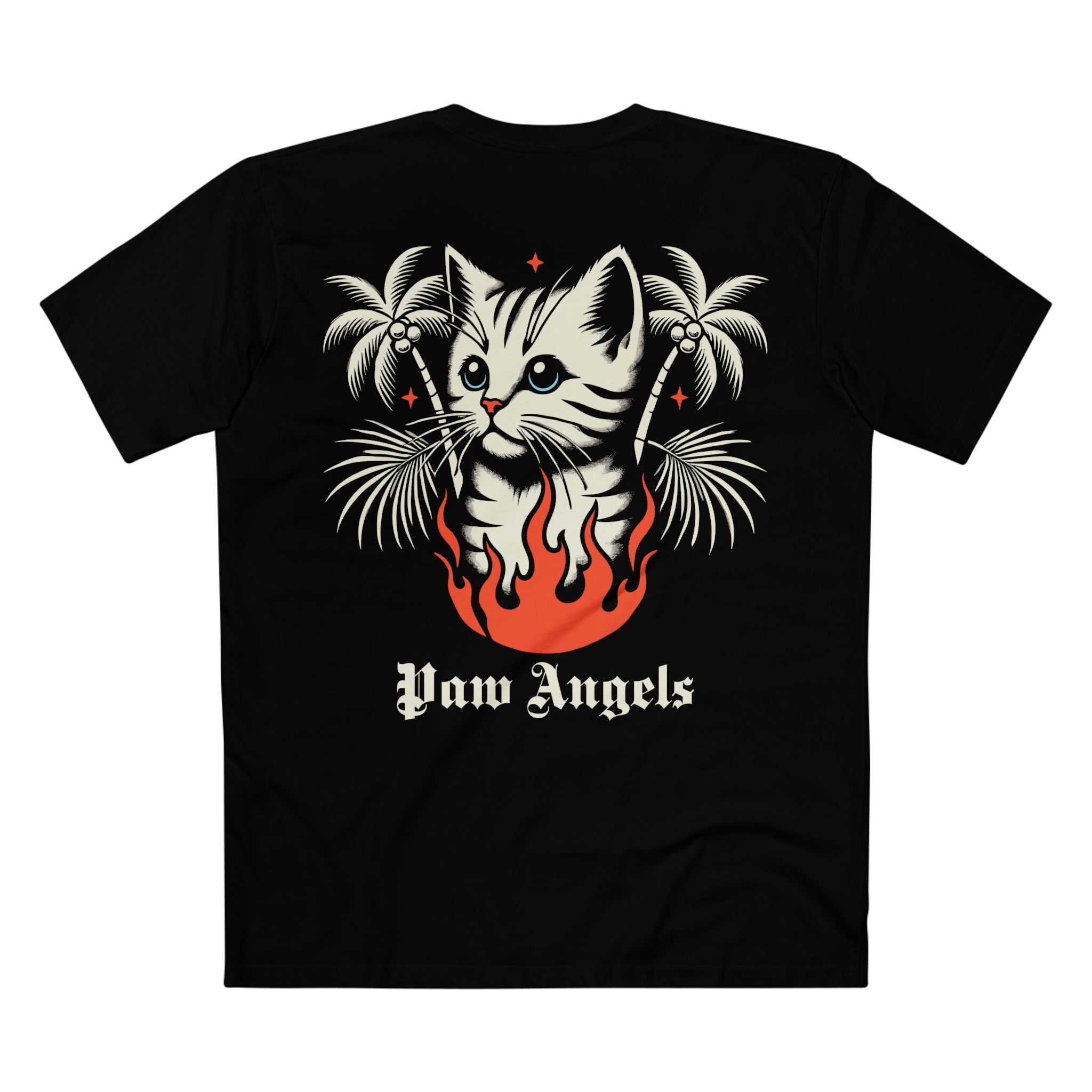 Back view of Paw Angels Paradise Inferno cat graphic black unisex t-shirt – cat t shirts