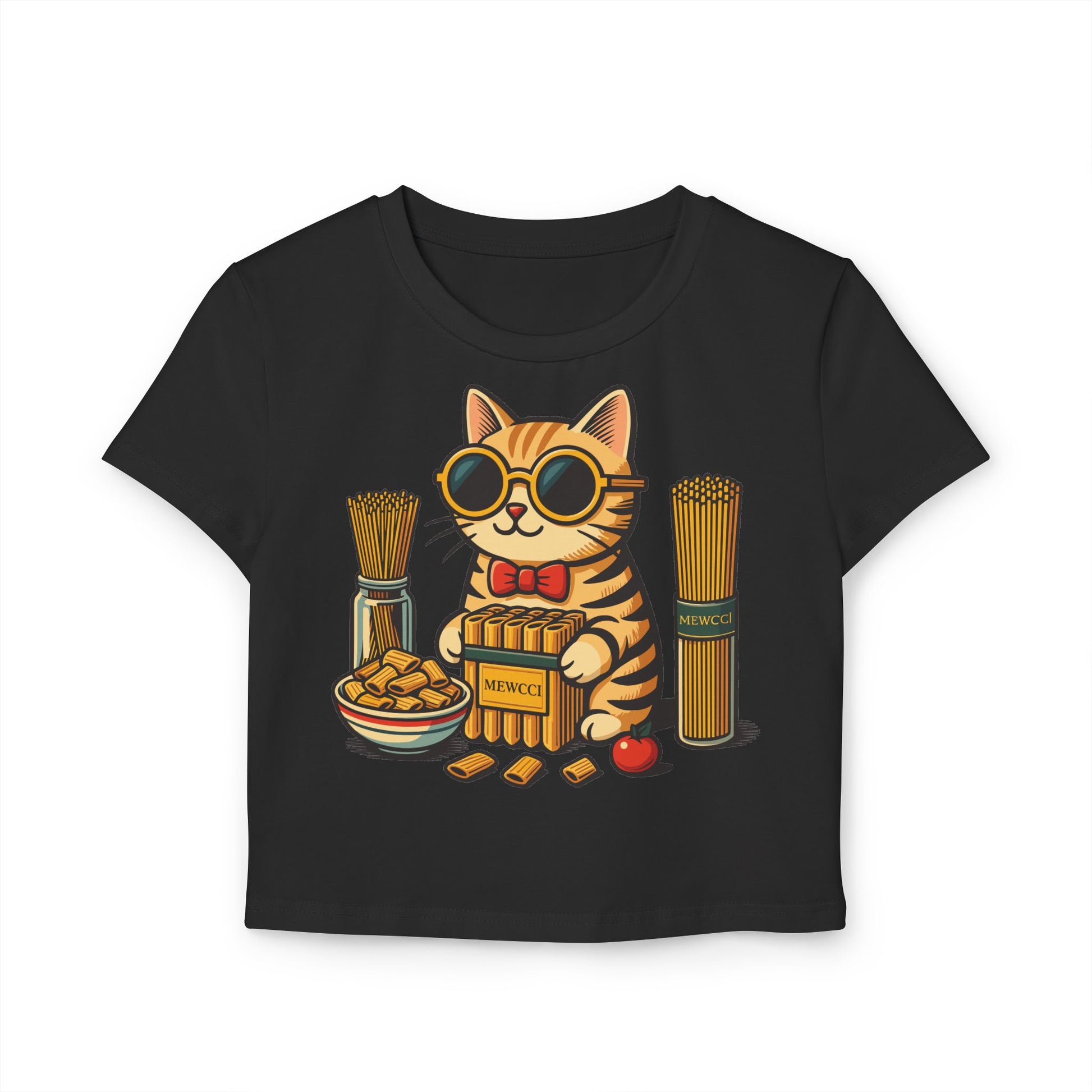 Mewcci Pasta Chef Cat Graphic Women's Baby Tee, black baby tee front view