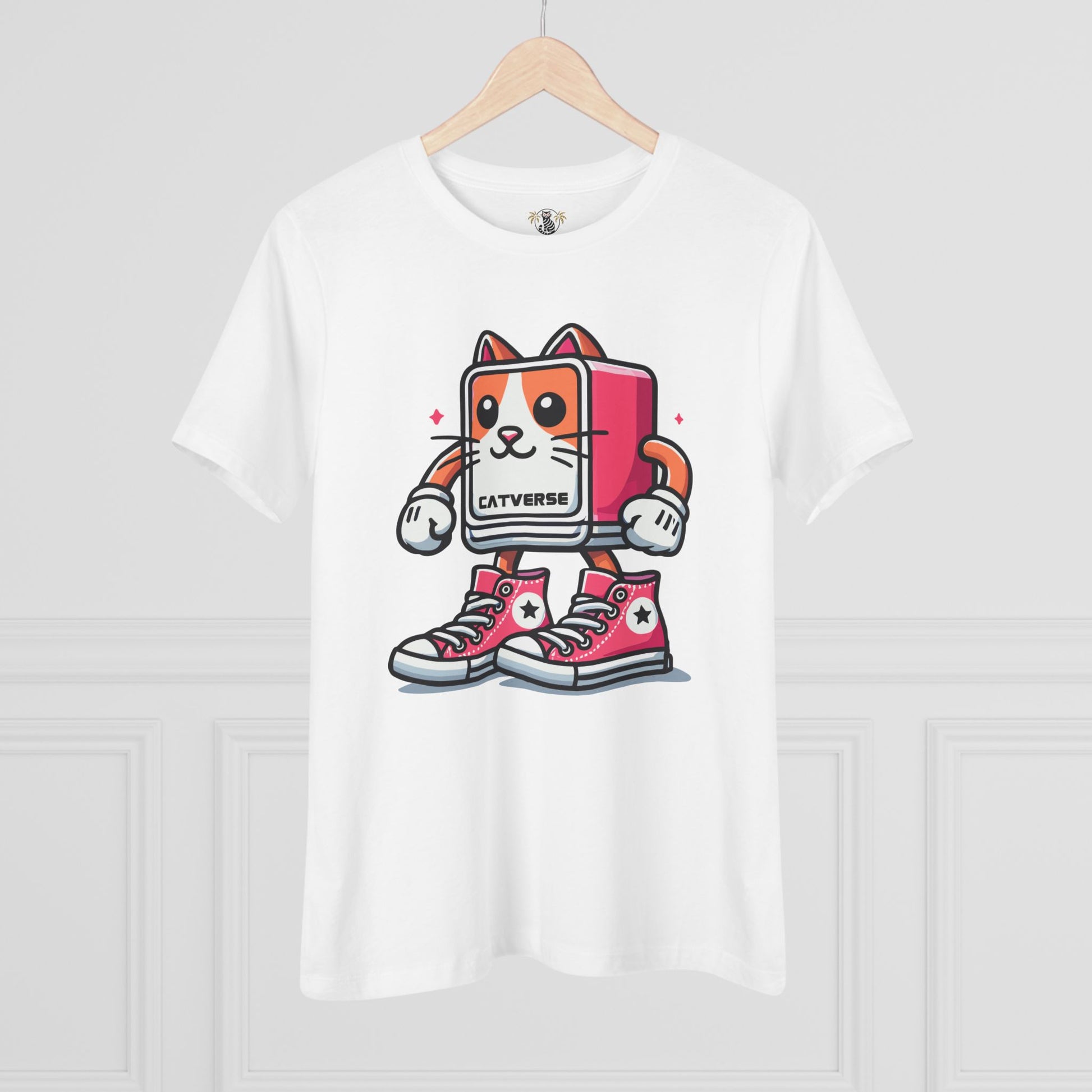 White Catverse Pinkbot t shirt on hanger front view, womens cat tee, cat lover t shirt
