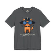 Yves Mew Laurent Le Chat Icon Cat on a shirt graphic tee Asphalt flat lay front