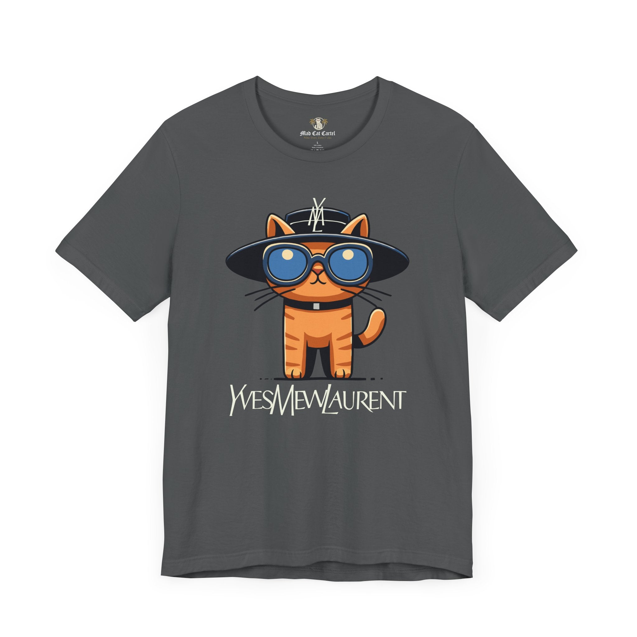 Yves Mew Laurent Le Chat Icon Cat on a shirt graphic tee Asphalt flat lay front