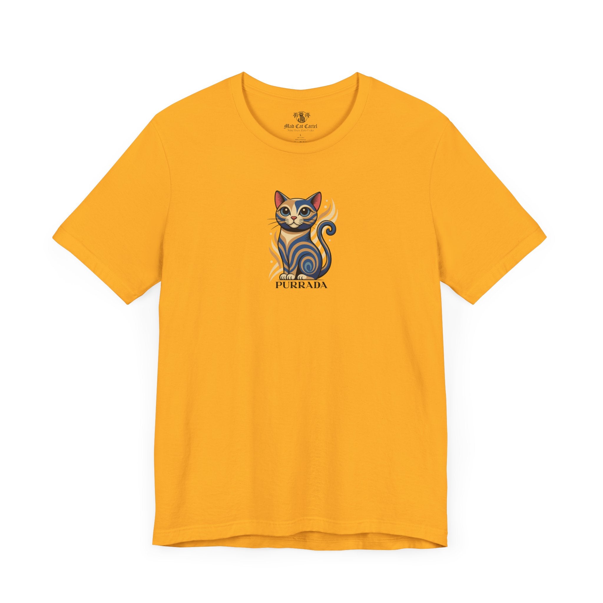 gold tee front view, cute cat shirts, vibrant color