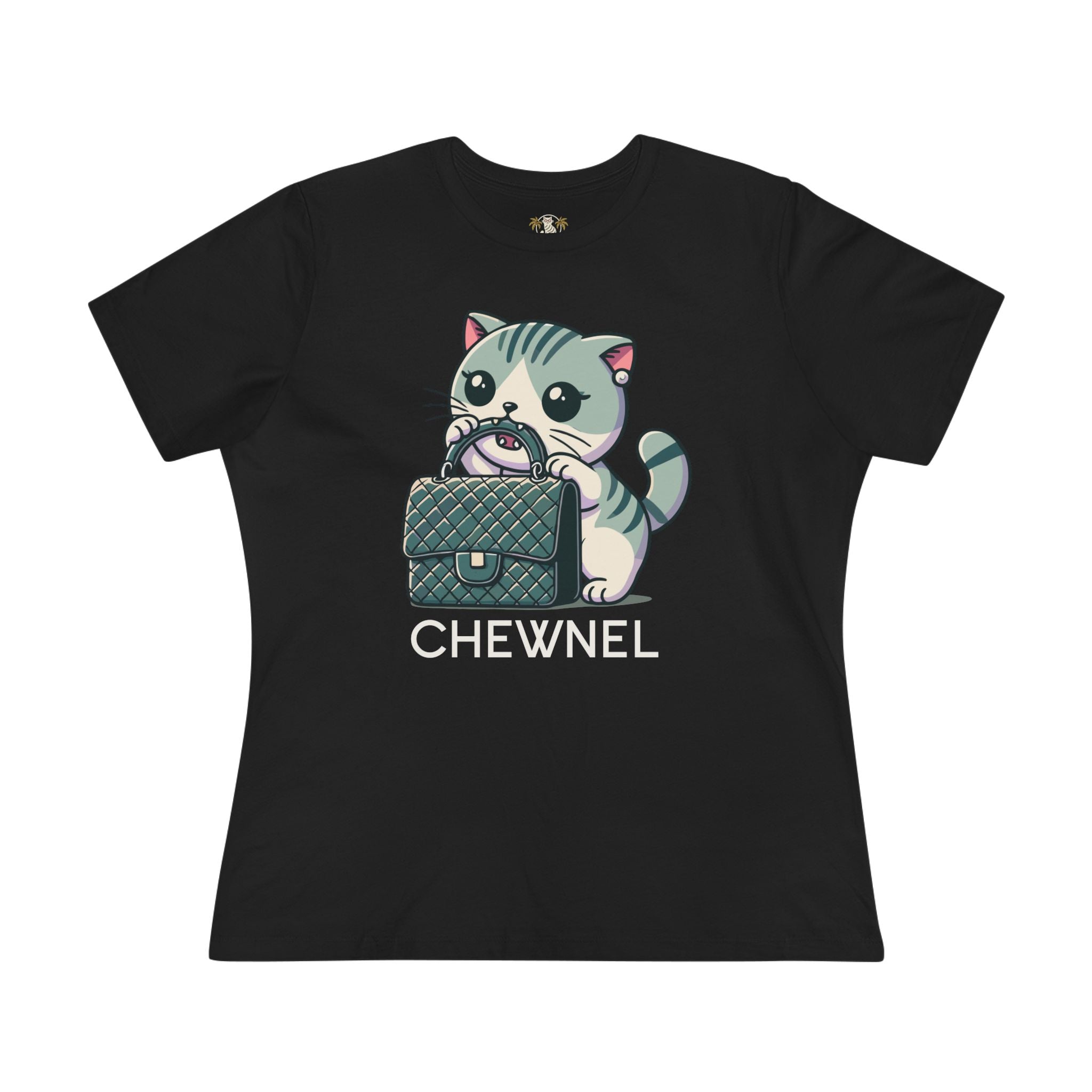 Black Chewnel Purse Snatcher Cat Graphic Women’s T-Shirt front view cat shirts for women