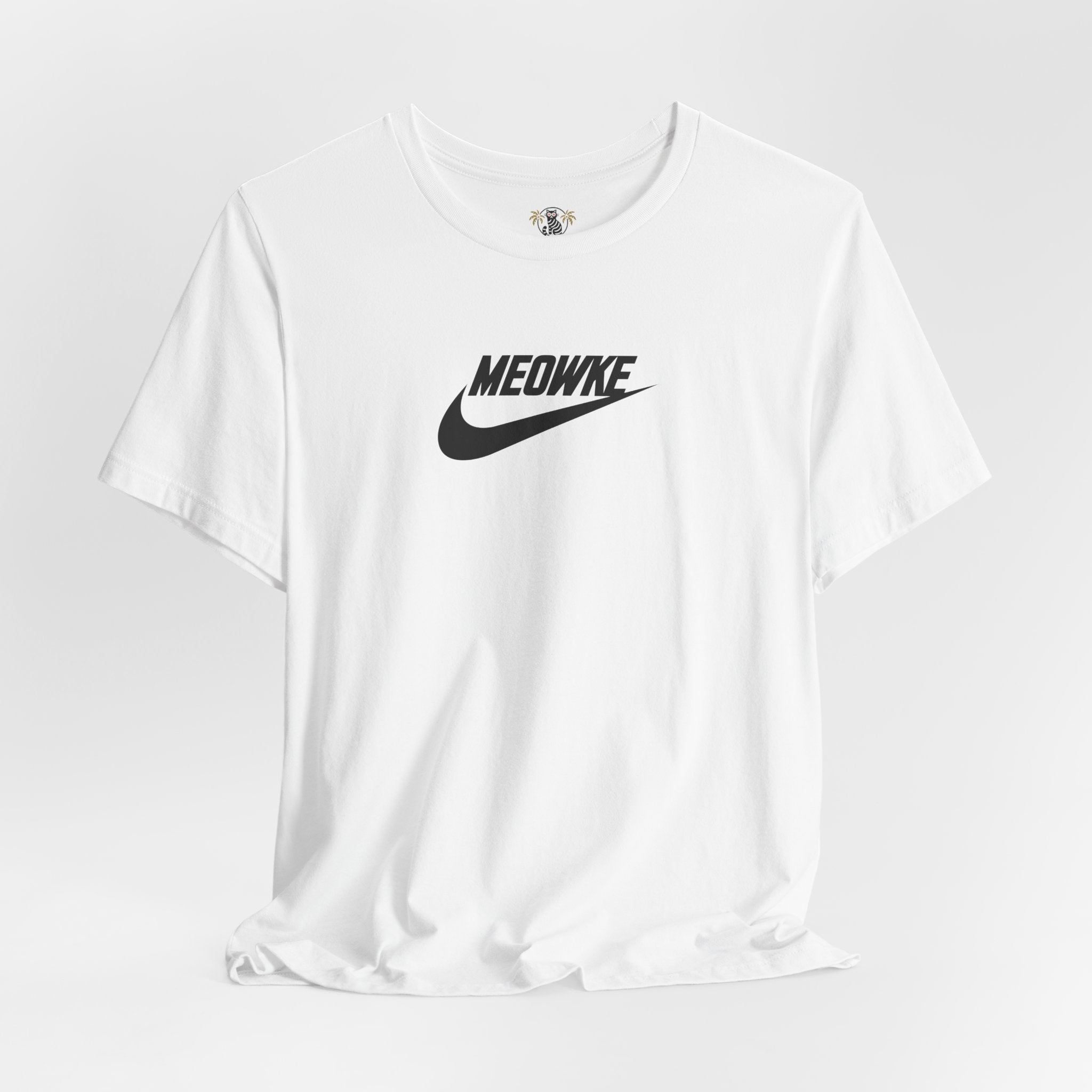 Cat t shirt for men and women – white unisex tee, flat lay, black Meowke chest swoosh logo
