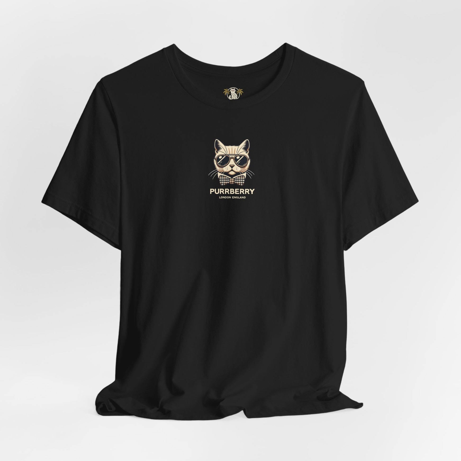purrberry london mini crest cat graphic t shirt black flat lay cat lover t shirts