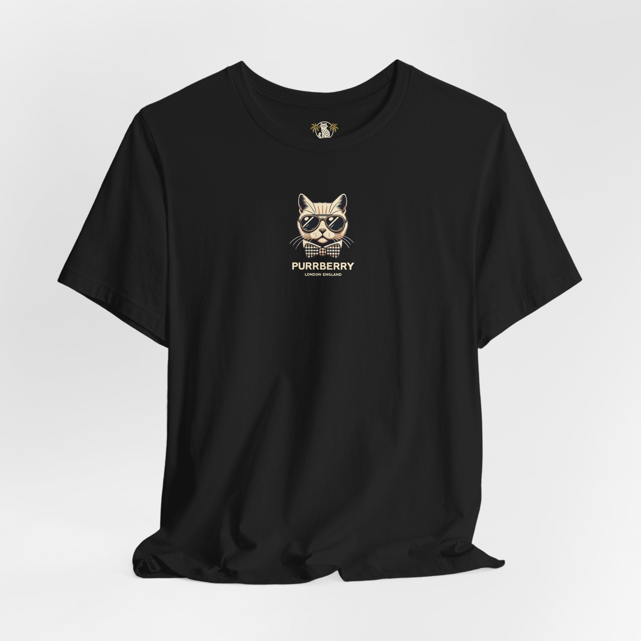 purrberry london mini crest cat graphic t shirt black flat lay cat lover t shirts