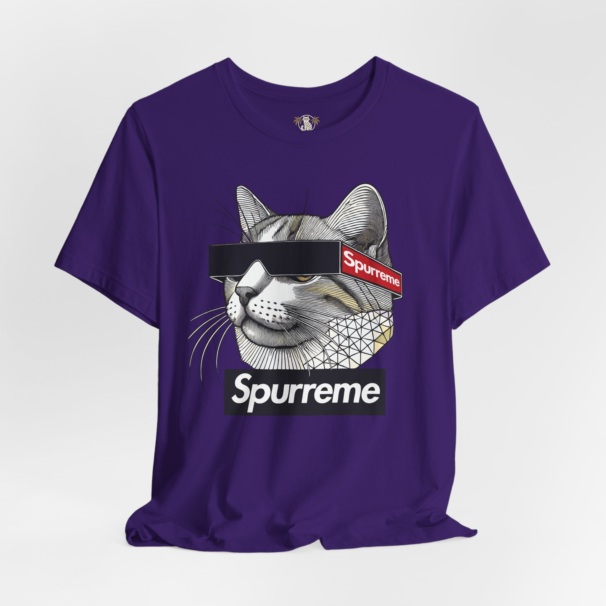 Spurreme Triangular Vision Cat Graphic T Shirt in Team Purple flat lay, cat lover t shirt