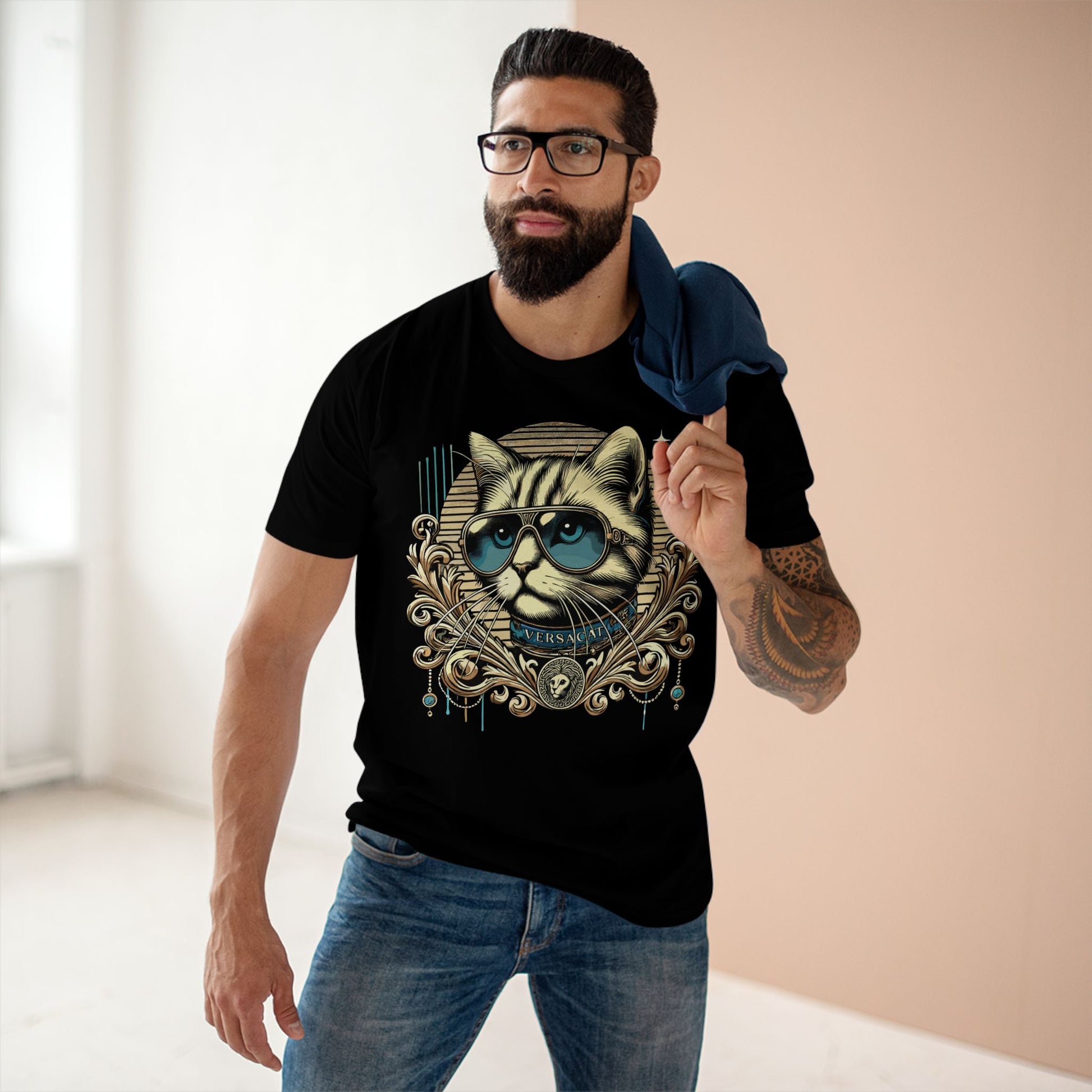 Model wearing Versacat Royal Baroque Graphic Cat Black T Shirt – stylish black unisex tee with ornate cat design